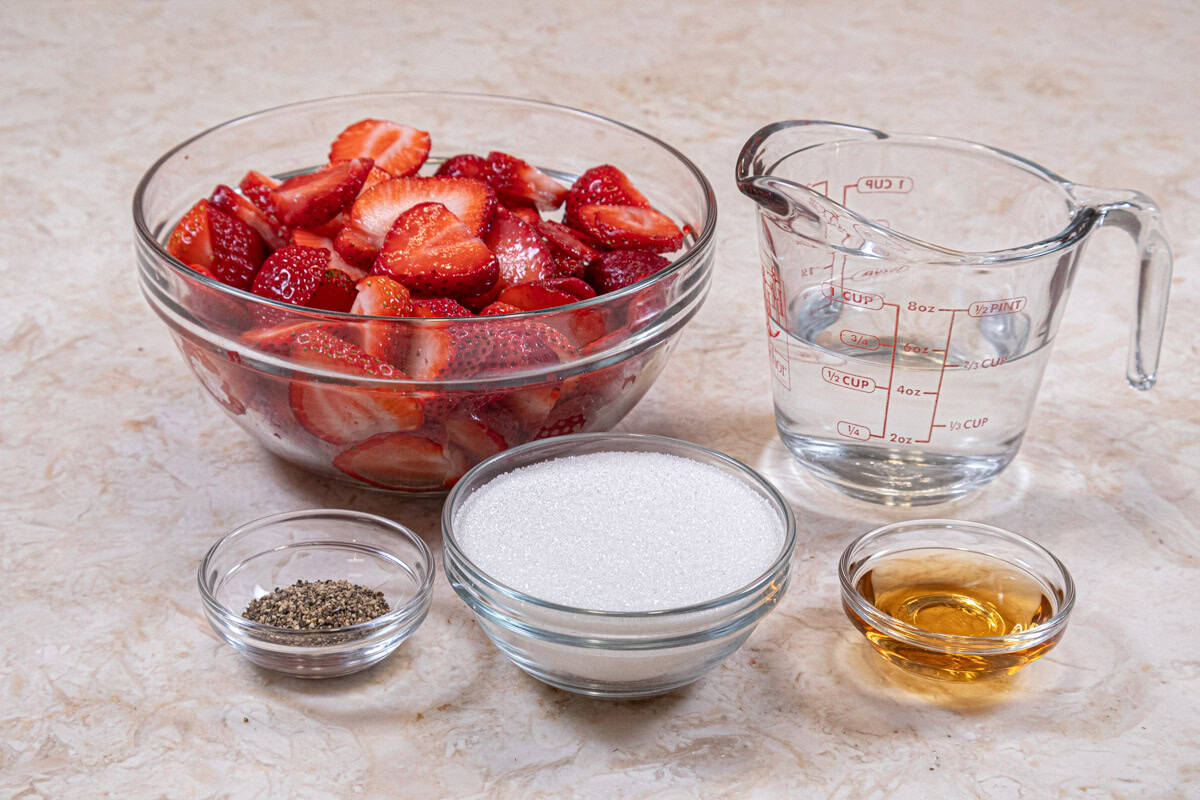 Ingredients for the Strawberry Balsamic Granita Recipe include strawberries, sugar water, white balsamic vinegar and black pepper.