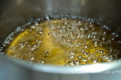 Toffee mixture at 240°F for Salted Macadamia Rum Toffee, Rum Toffee Recipe