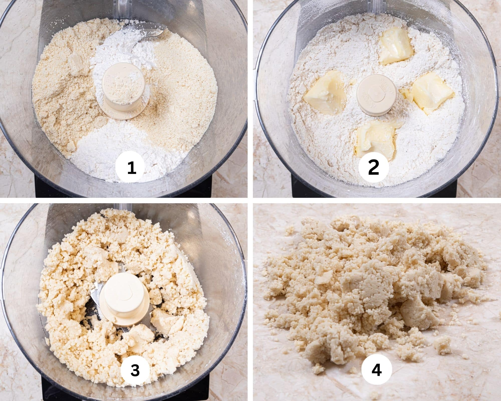 The first collage for the Baci di Dama cookies shows the hazelnut flour and powdered sugar and cake flour in the processor, the butter added, the mixture forming clumps in the processor and the mixture turned out onto a work surface.