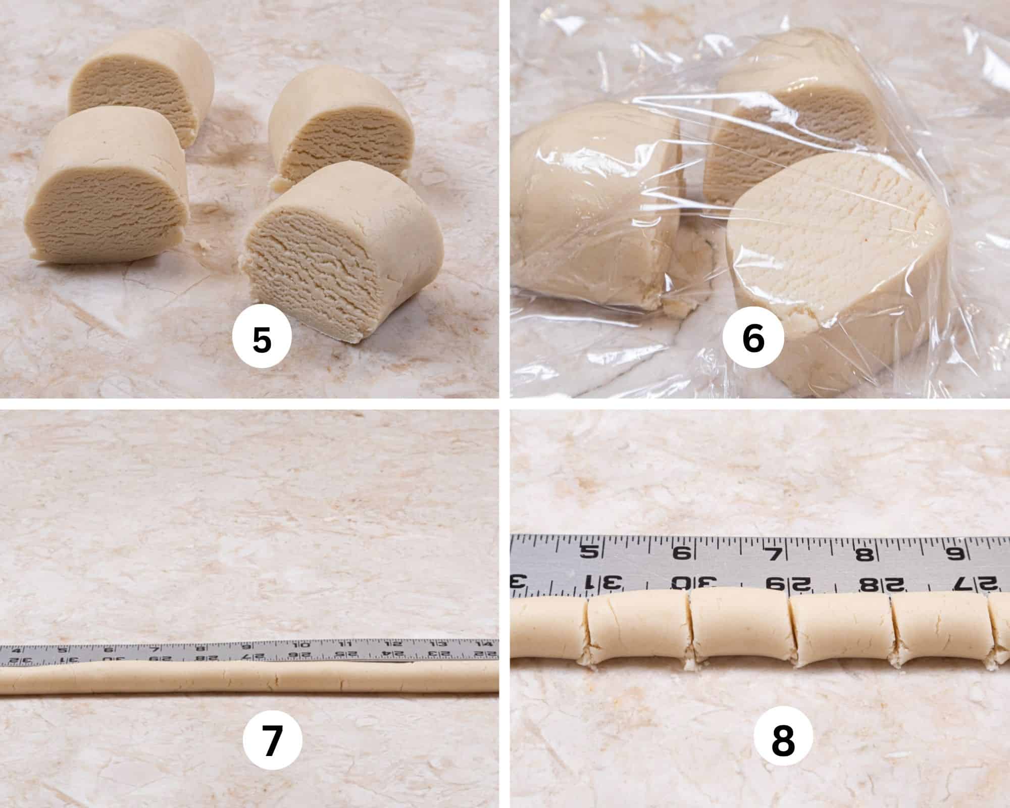 This collages shows the dough cut into 4 pieces, 3 covered in plastic wrap, an 18" rope of dough rolled out and cut into 1" squares.