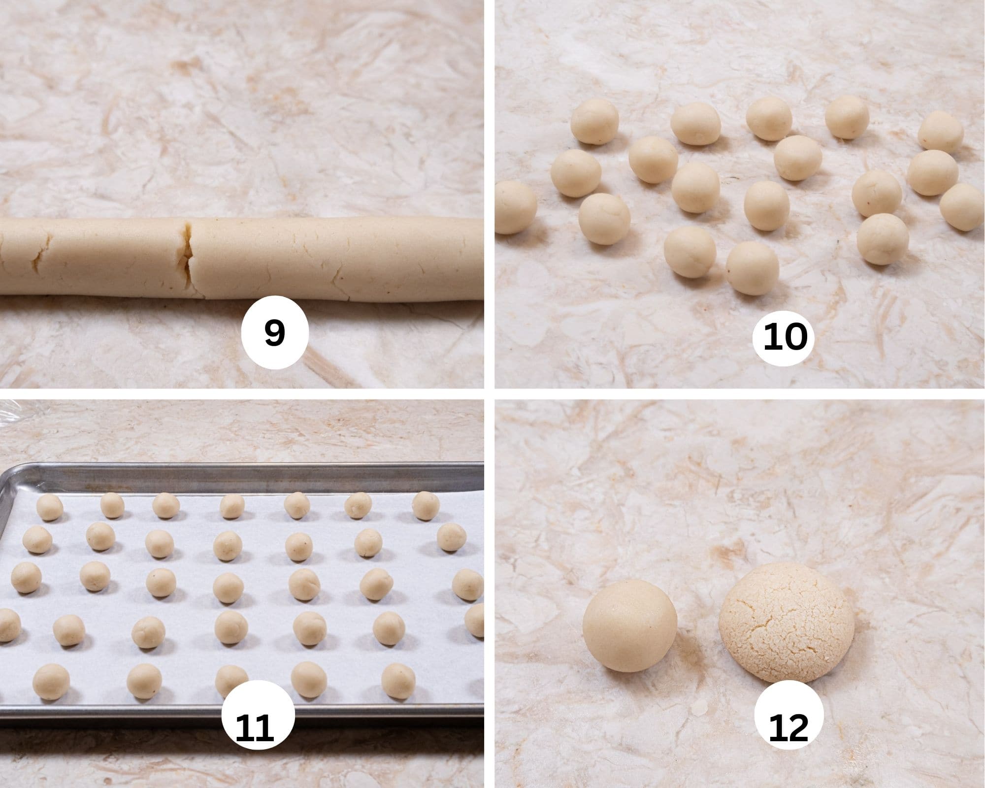 This collages shows a rope of dough with a tear in it, the balls rolled out, on a tray and an unbaked ball of dough and a baked cookie.