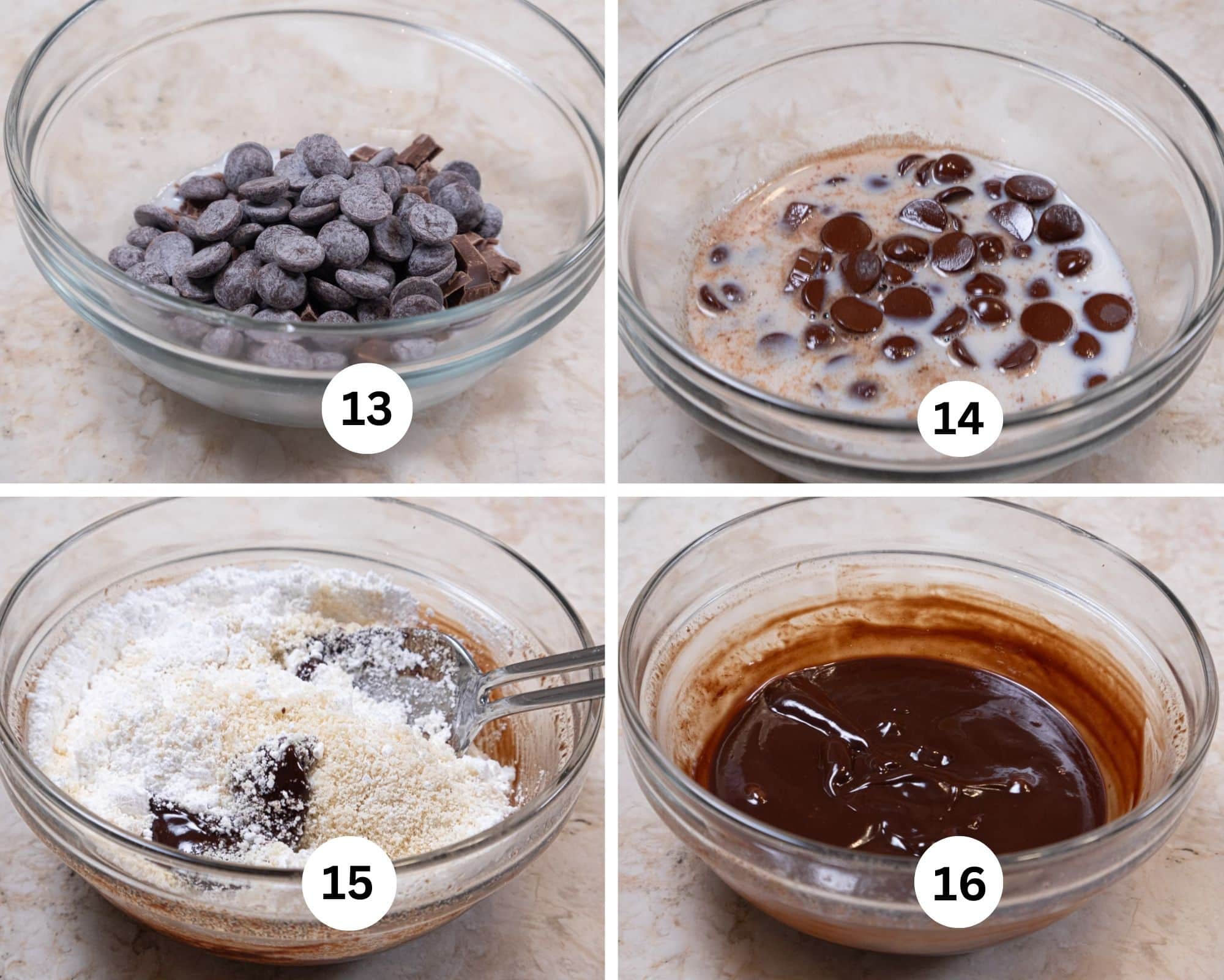 The Gianduja filling includes the semisweet and milk chocolates in a bowl with the milk, they are partially melted, the powdered sugar and hazelnut flour added and the mixture stirred until smooth.