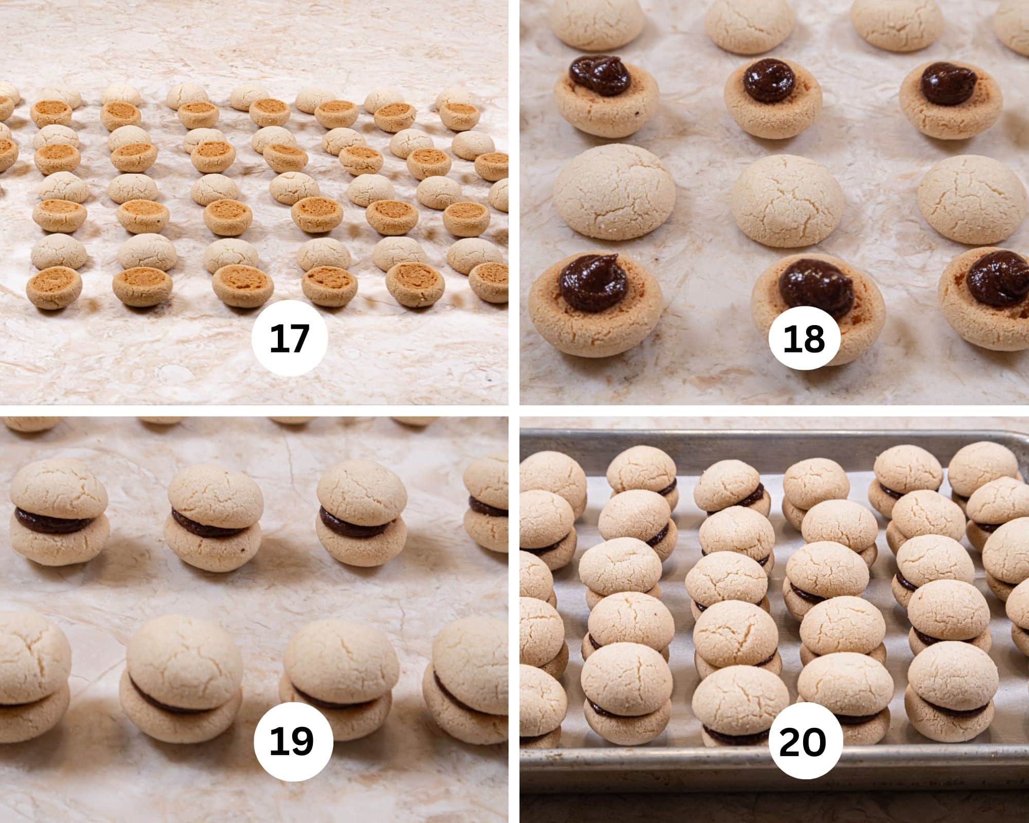 The last collage shows the cookies turned upside down and right side up in matched pairs, the filling on the bottom bookie, and the tops on.