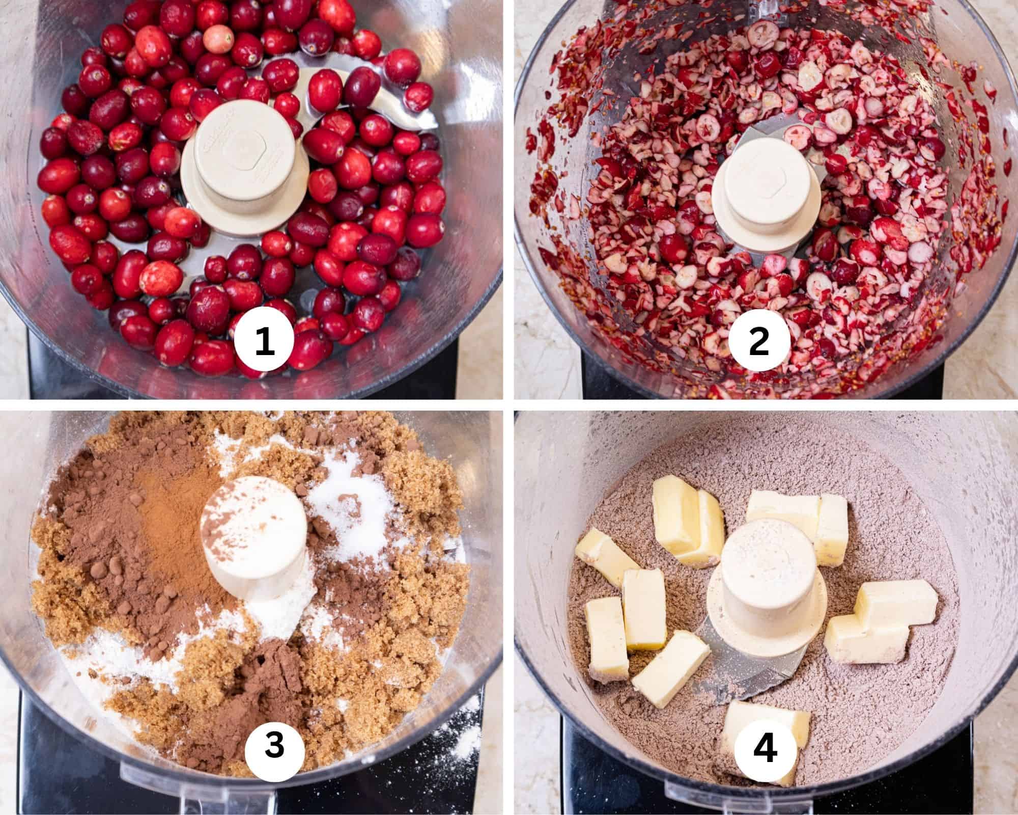 This collages shows the frozen cranberries in the processor, processed into pieces, the dry ingredients for the chocolate crumbs in the processor, and the butter added,. 