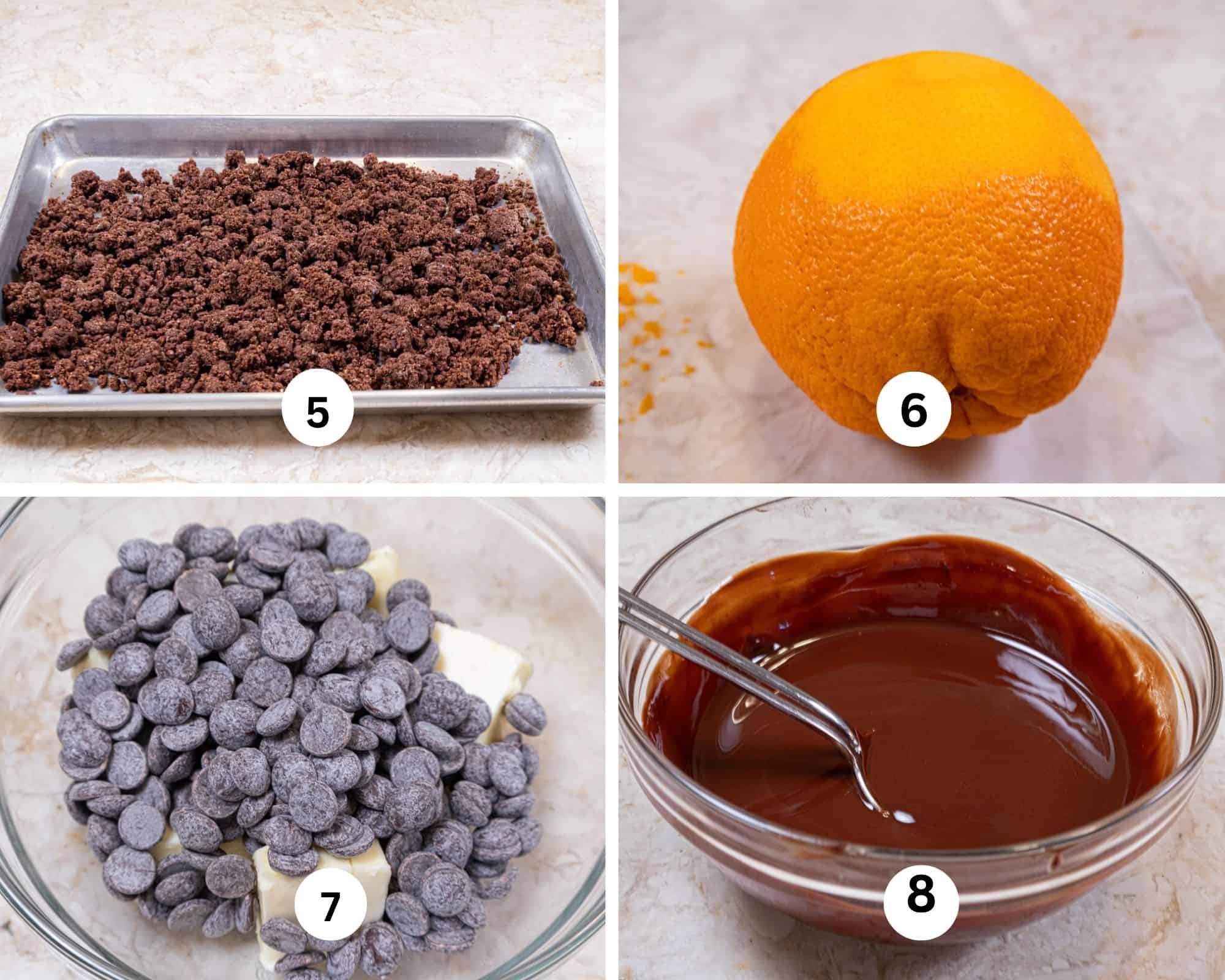 The crumbs are on a sheet tray, an orange is zested, teh butter and chocolate are in a bowl to be microwaved and the chocolate/butter mixture is smooth and liqud