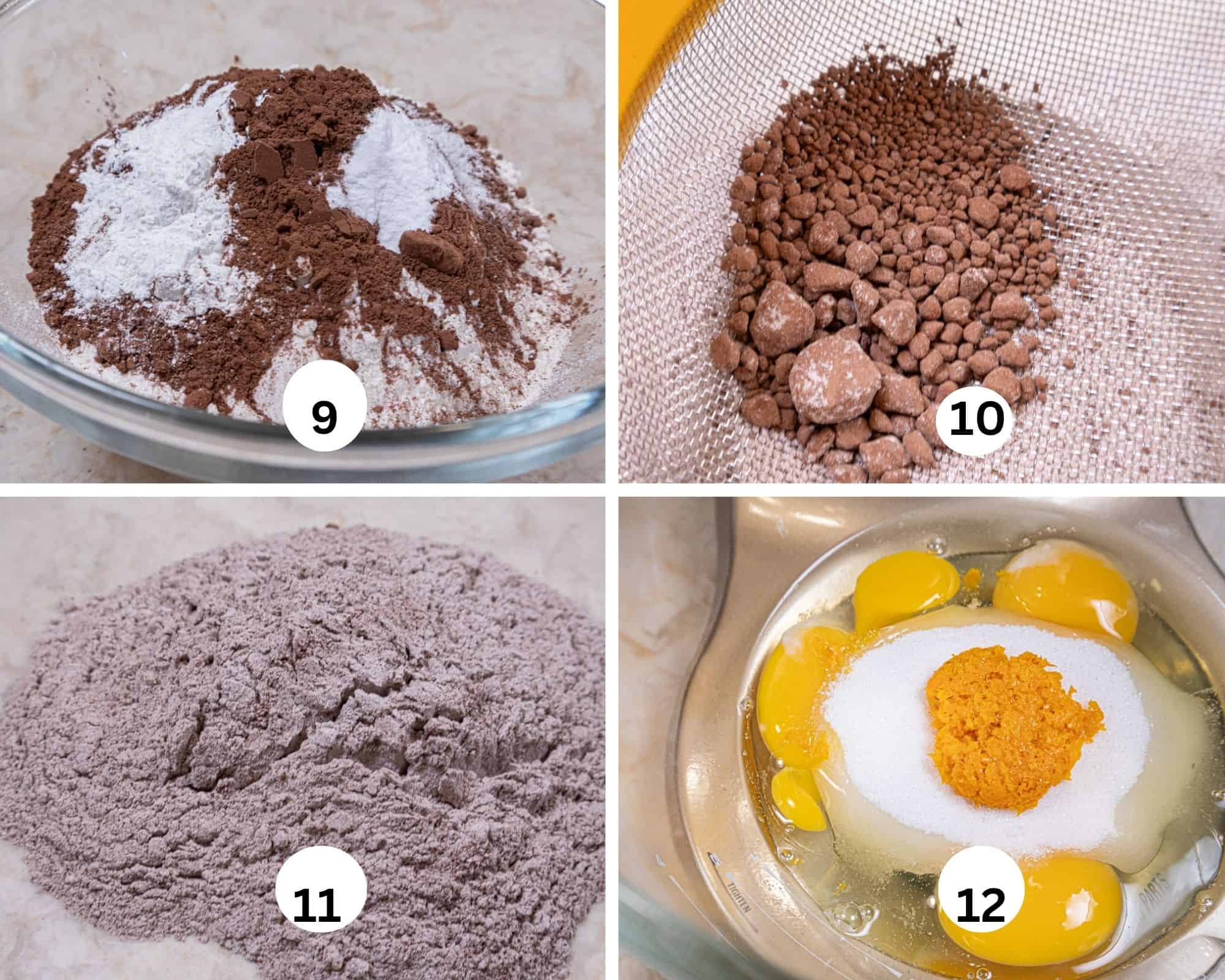 The flour, cocoa, baking powder and baking soda are in a bowl, the sifted with lumps of cocoa in a strainer, the dry ingredients mixed and the eggs, granulated sugar and orange zest in a mixer bowl. 