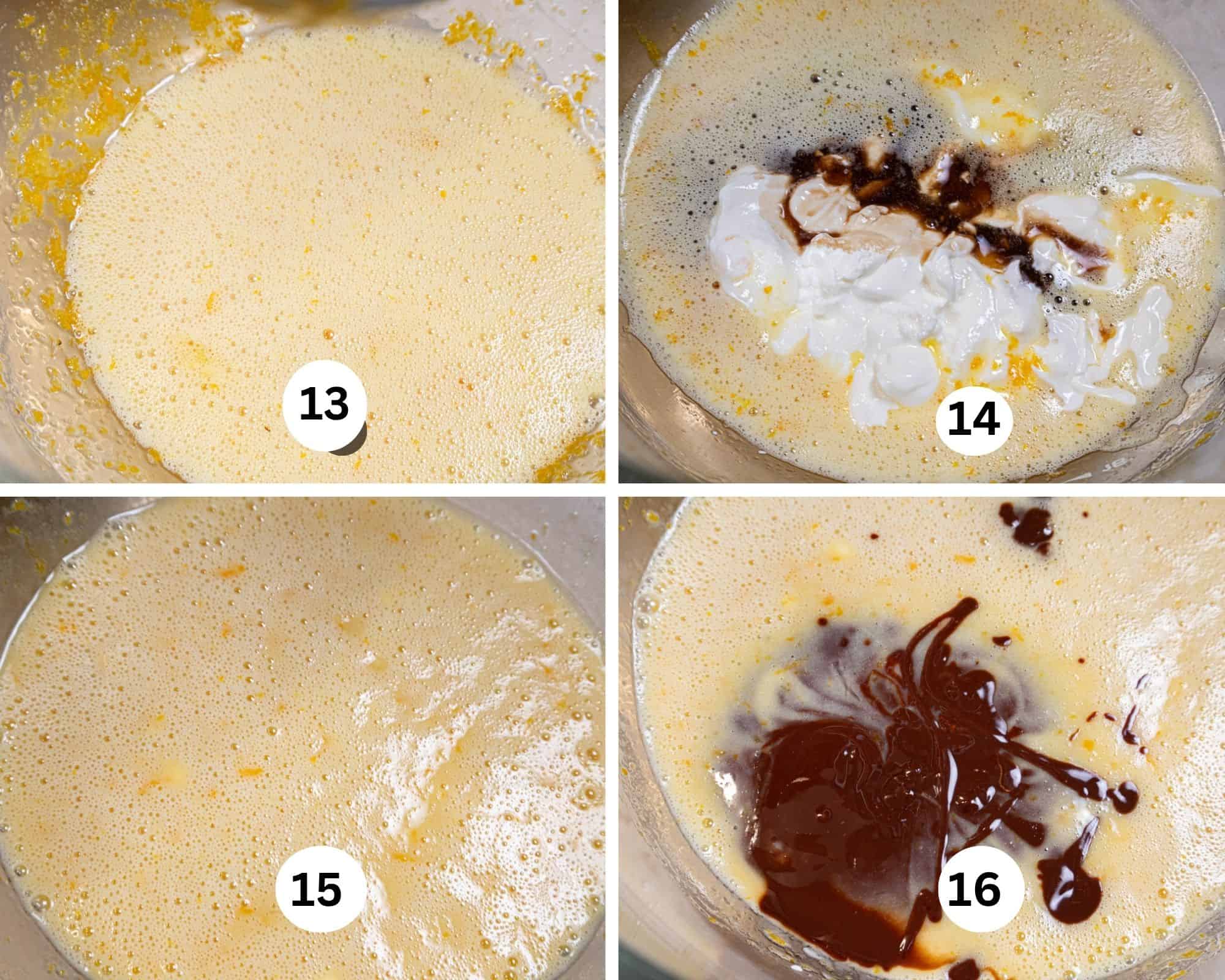 This collage shows the eggs, granulated sugar and orange rind mixed in the bowl, the sour cream and vanilla added, then mixed anf finally the chocolate/butter added. 