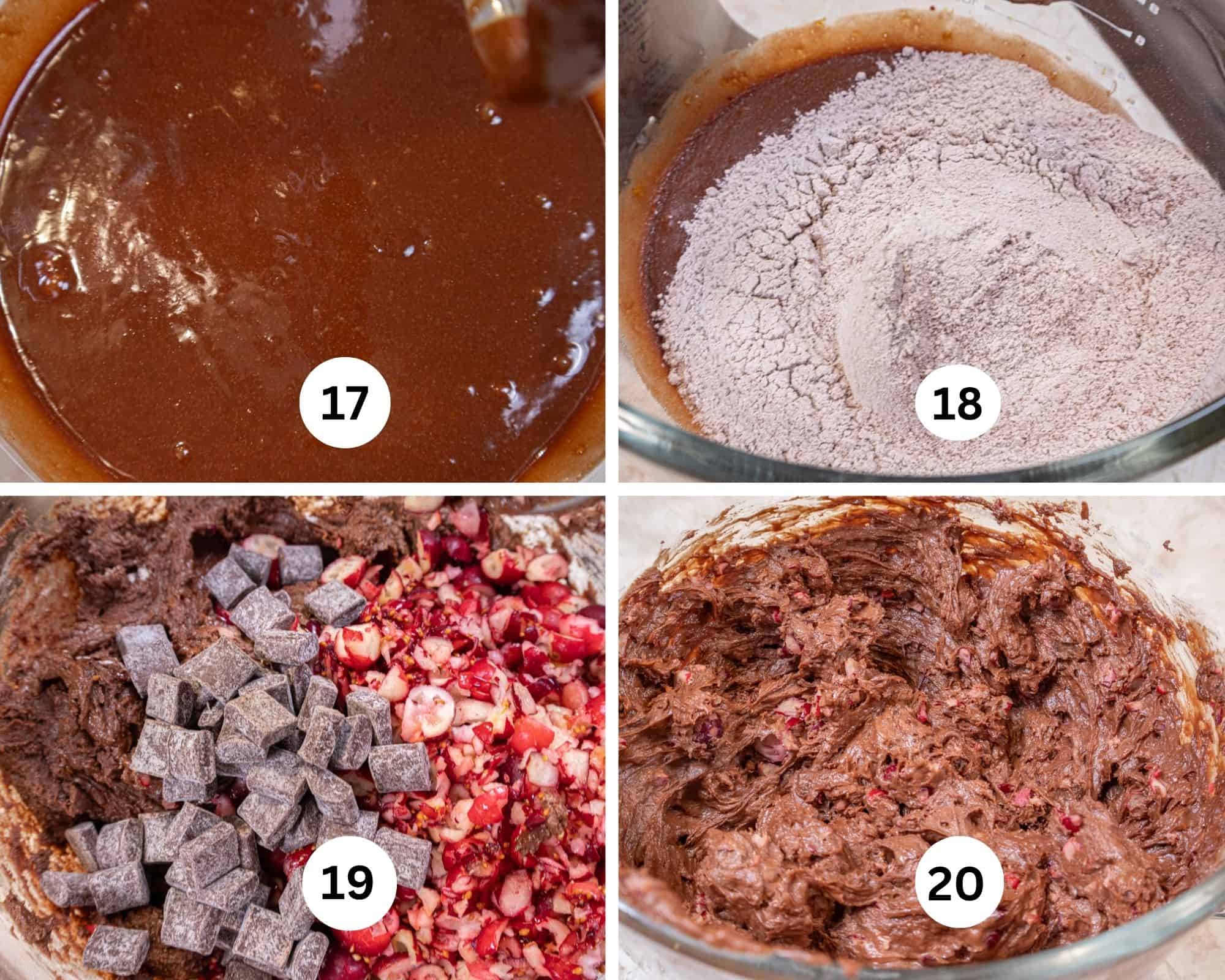 The frozen cranberries are in the processor bowl, processed to make a variety of sizes, then they are added with the chocolate chunks to the batter and mixed in on low.