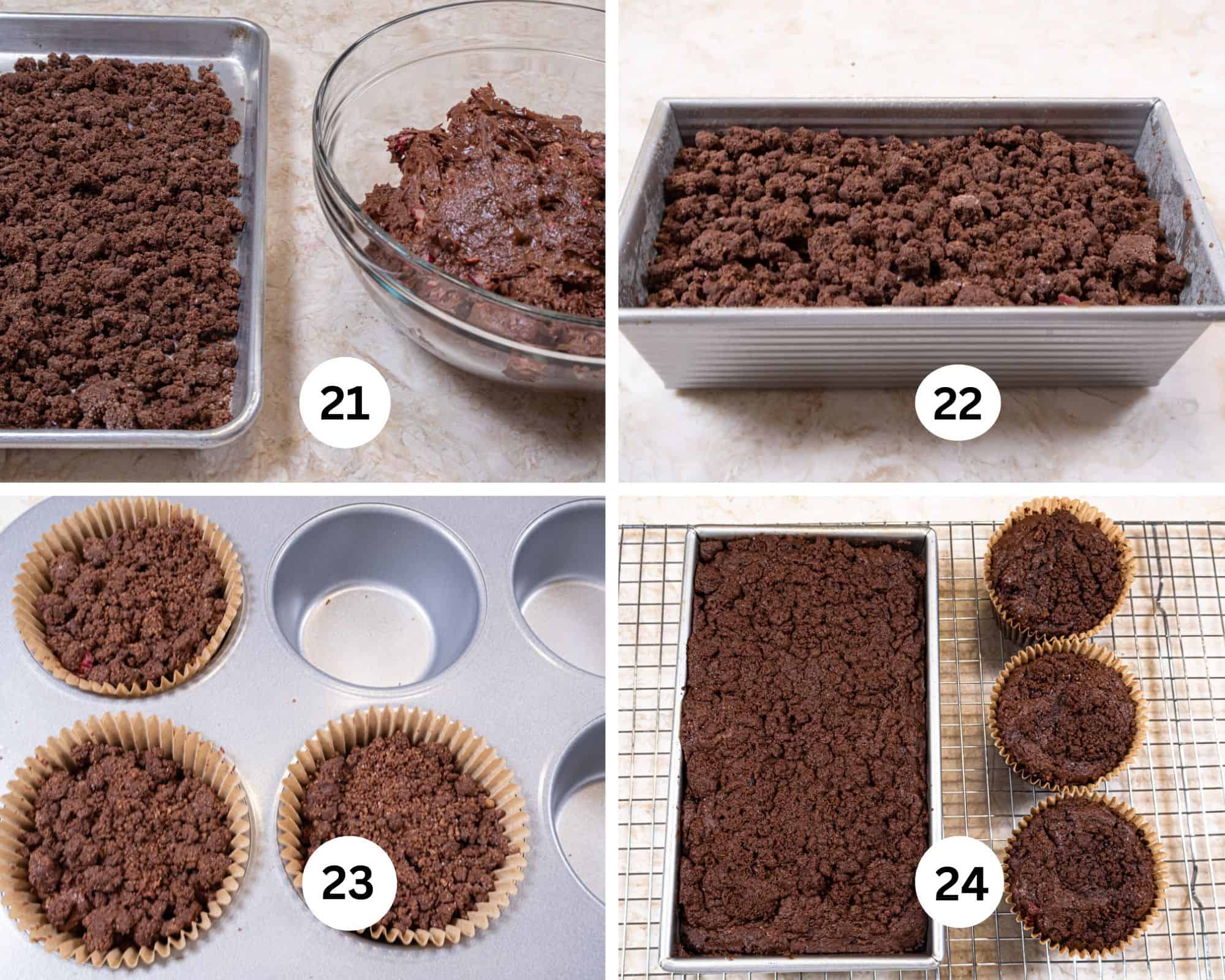 The final collage shows the tray of crumbs and the bowl of batter, a loaf pan with the batter and crumbs on top, 3 muffins and the baked quick bread and muffins.