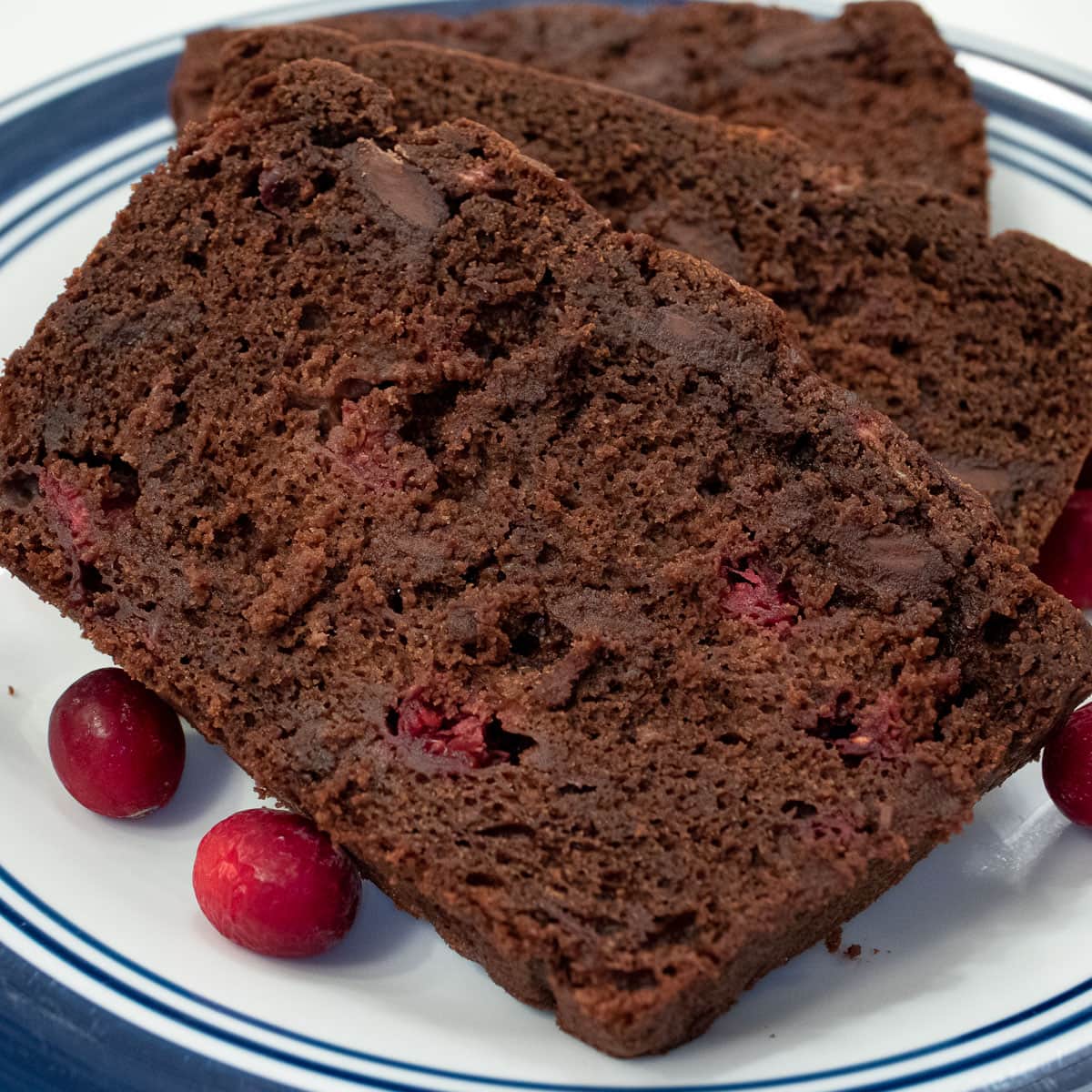Slices of Chocolate Cranberry Quick Bread
served on a blue rimmed white plate with several fresh cranberries on the plate 