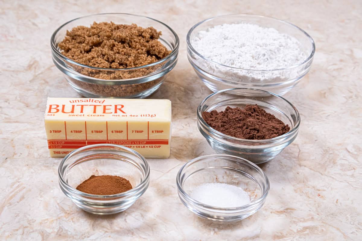 The ingredients for the chocolate crumbs are unsalted butter, brown sugar, cake flour, cocoa, cinnamon and salt, 