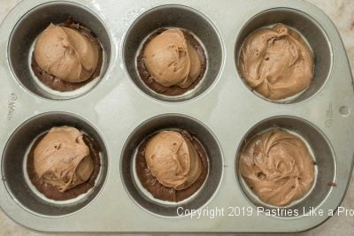 Mocha batter over chocolate batter for Individual Variegated Pound Cakes