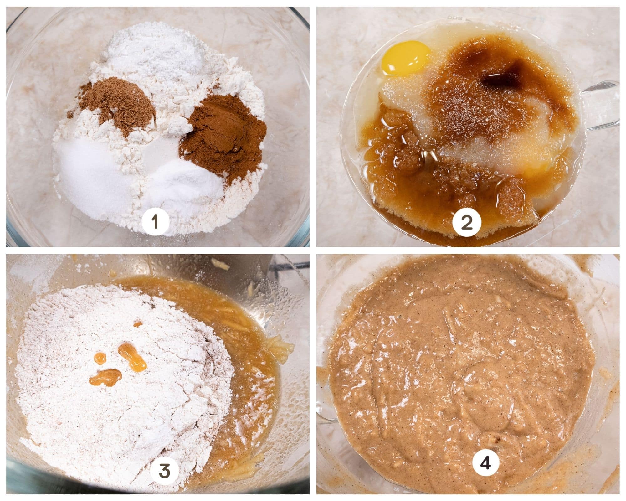 Four photos including dry ingredients, liquid ingredients, flour over wet ingredients, ingredients mixed.