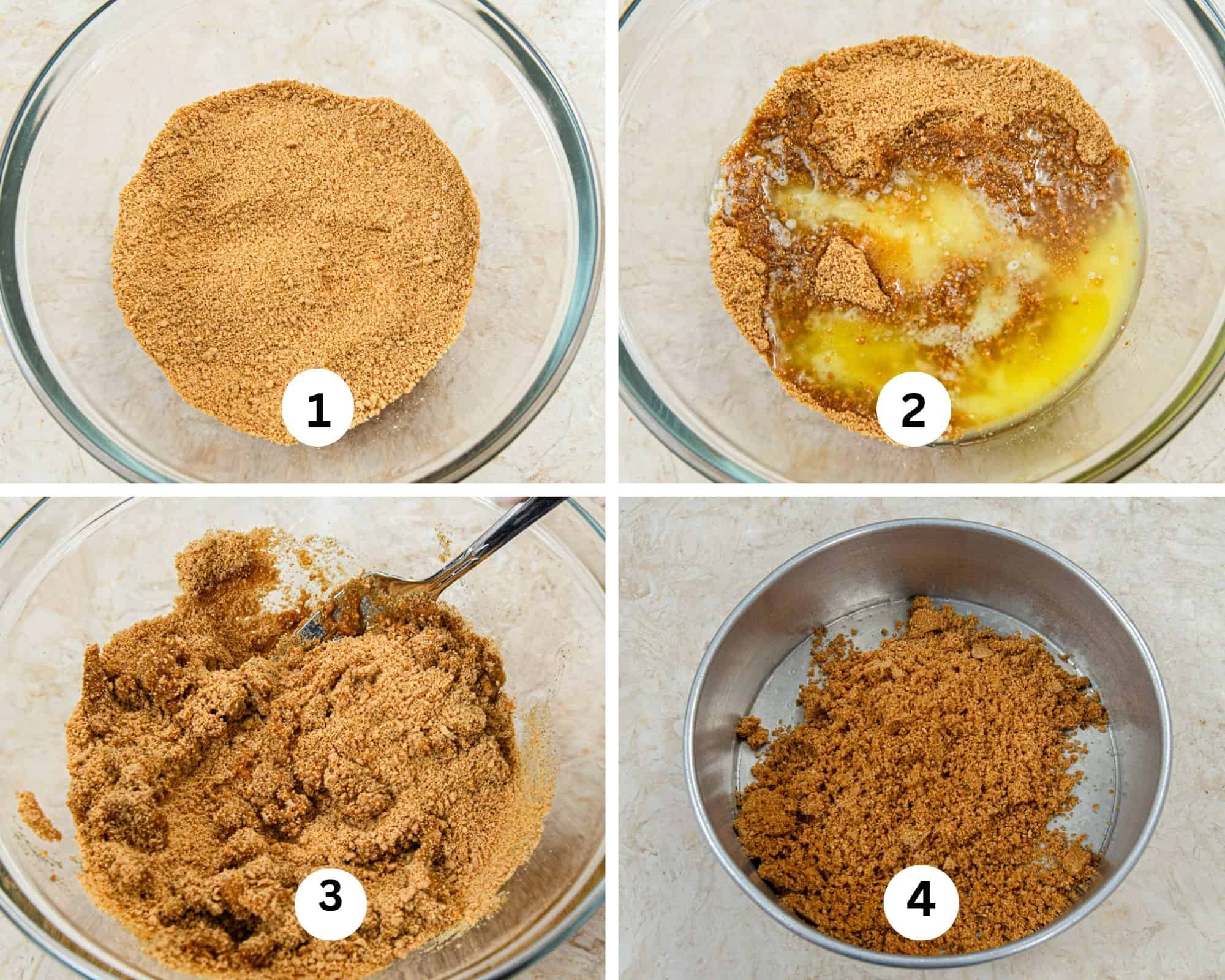 The first collage shows the crumbs for the crust, the butter added, the mixture being stirred and the finished crumbs in the pan.