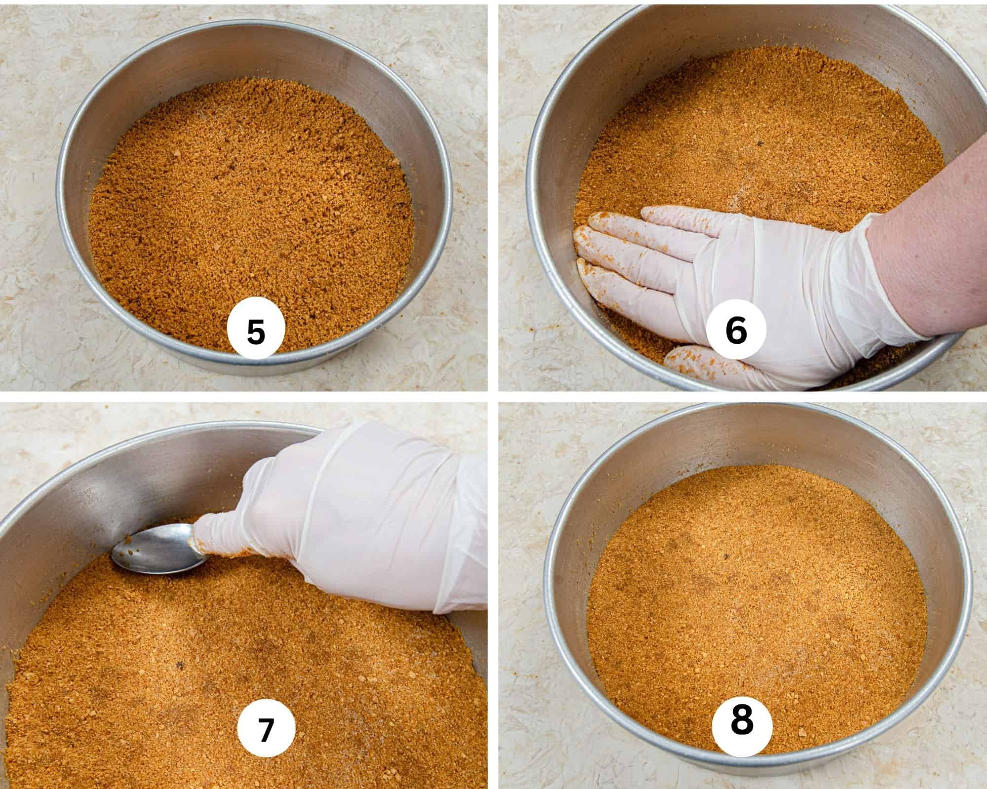 The final steps for the graham cracker crust include distributing the crumbs evenly in the pan, pressing them firmly into the bottom of the pan, using a spoon to seal the edges of the crumbs to the pan and the finished crust.