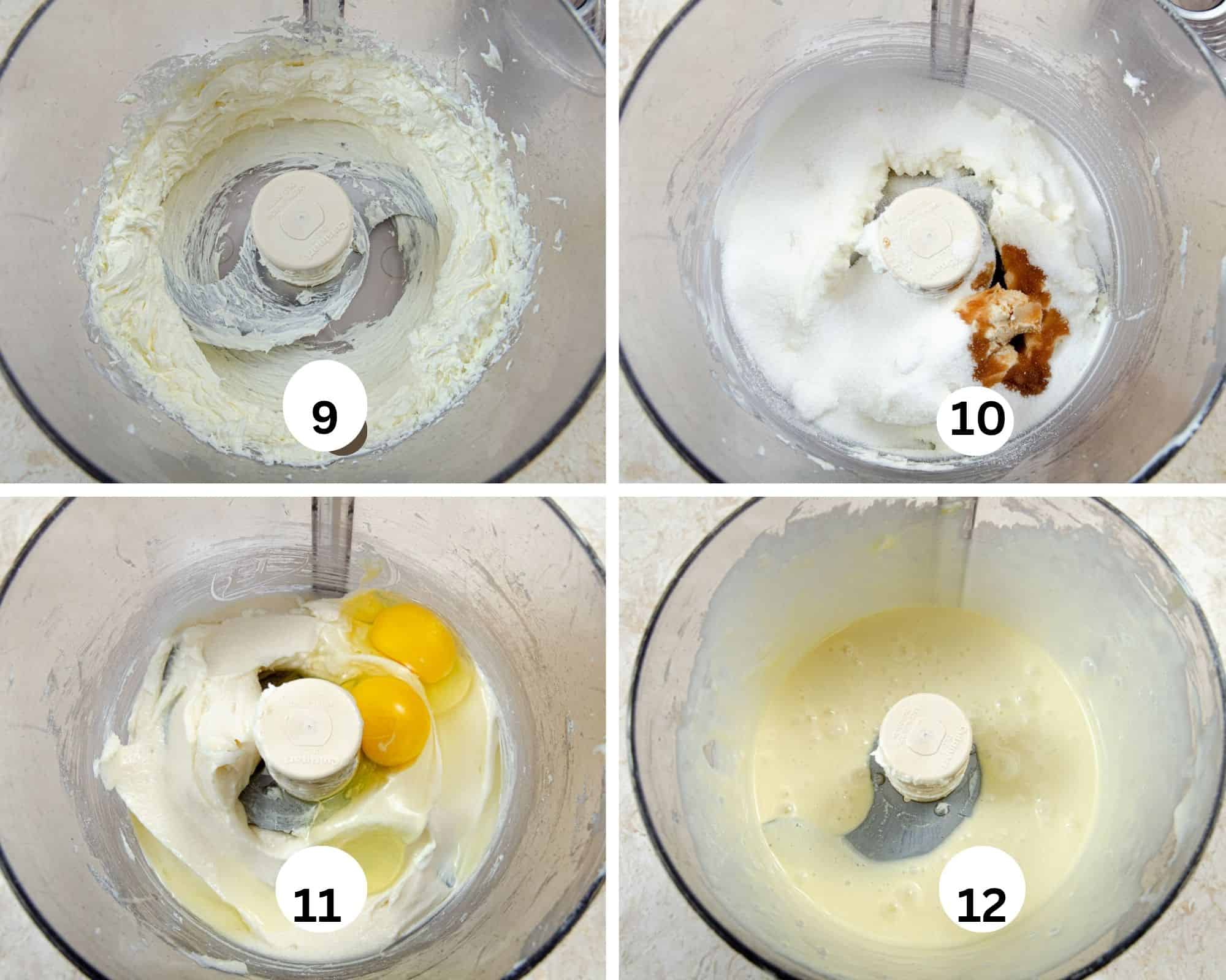 The cheesecake filling is made by processing the cream cheese, adding the sugar and vanilla, then the eggs and egg yolk and the last photo shows the prepared filling in the processor 