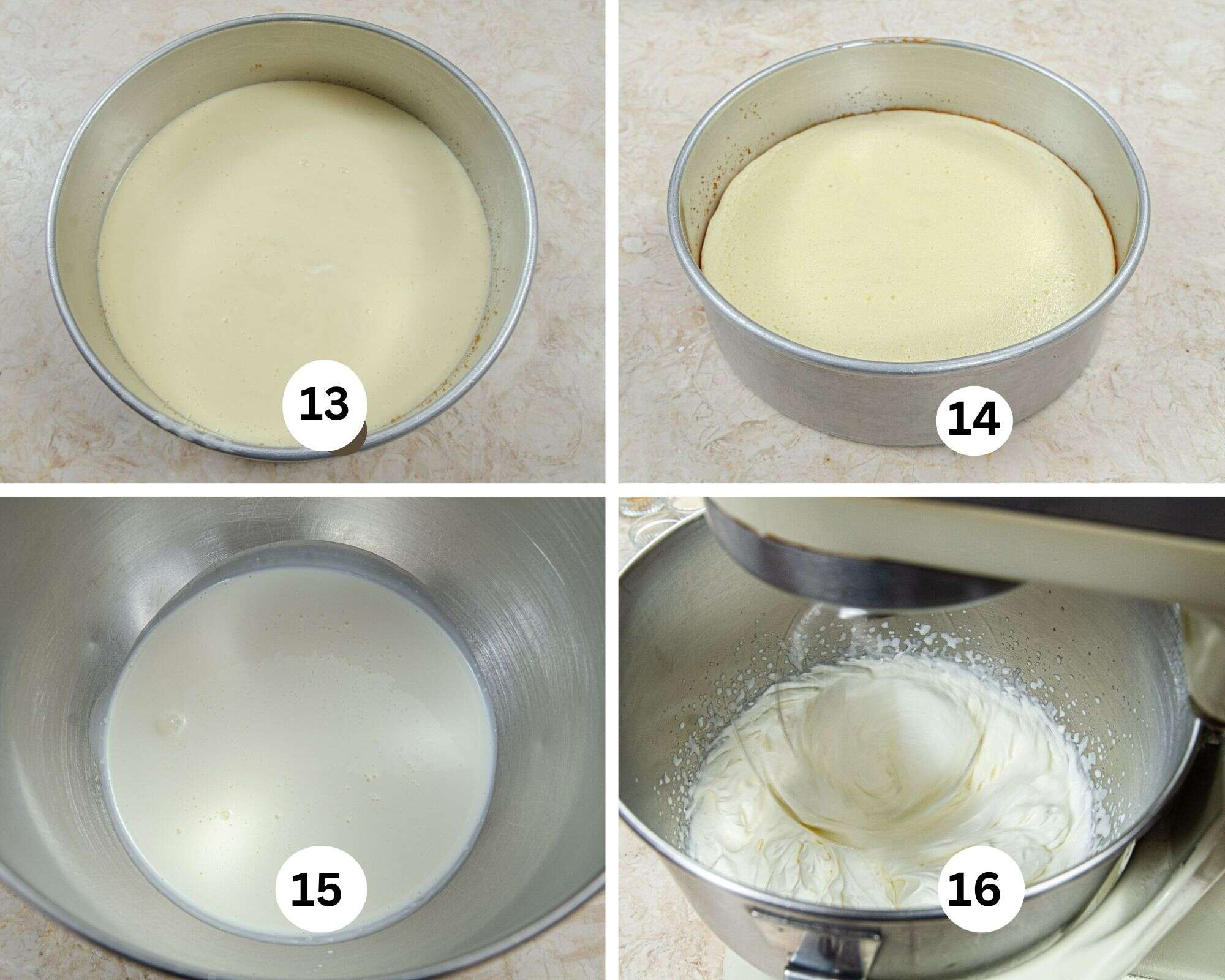 For this collage the cheesecake filling is poured into the crust, the baked layer is in the pan, the heavy cream is in the mxing bowl and then beaten. 
