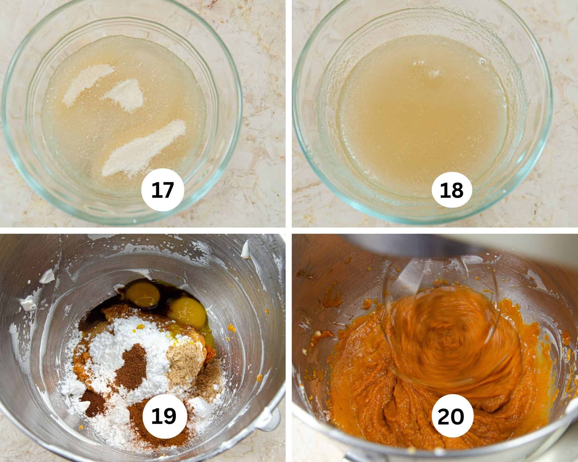 This collage shows the gelatin in the water, then bloomed, the mousse ingredients in a mixing bowl and mixed. 