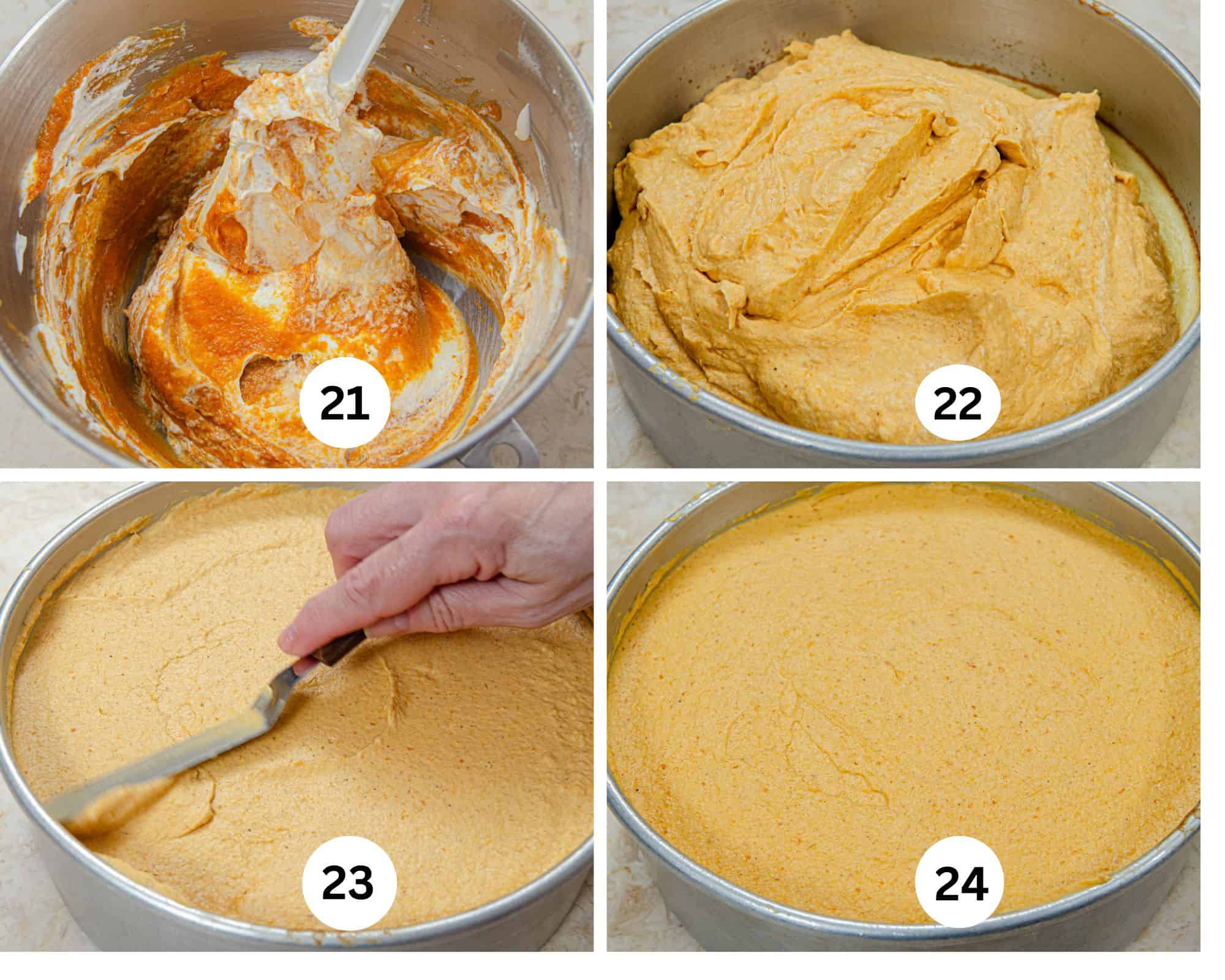 In this collage, the cream has been returned to the bowl and is being folded in, it is poured over the cheesecake layer and smoothed out.