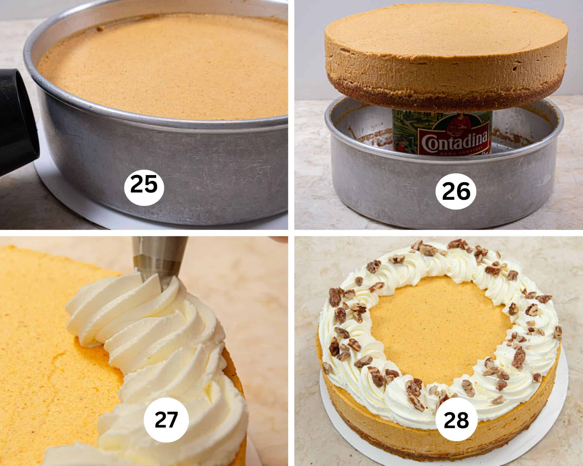 This collage shows the blow dryer about a quarter inch away from the pan to release the torte, the side of the pan slid down releasing the ak, the edge of the cake being pipied with whipping cream and the finished torte, 