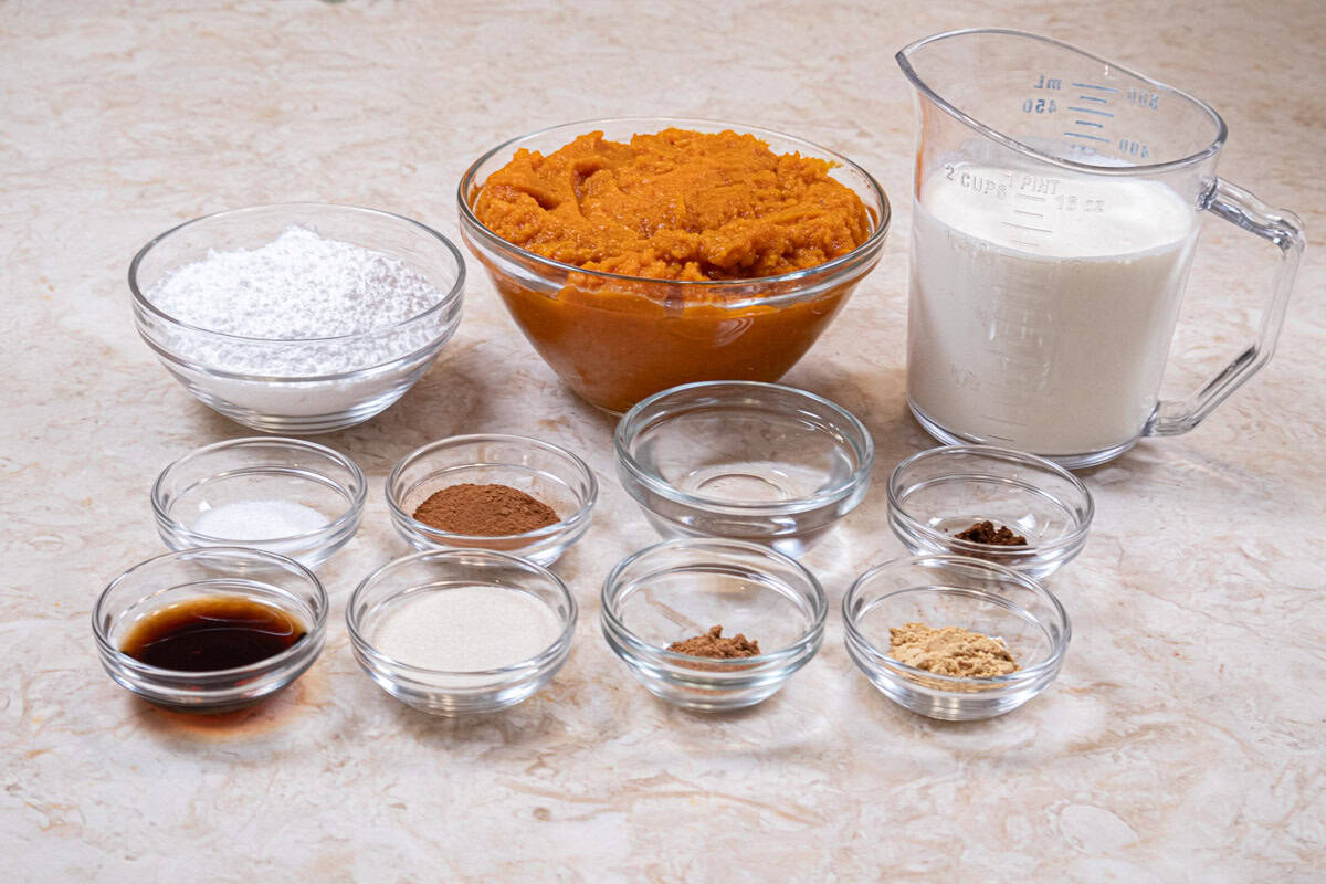 The Pumpkin Mousse ingredients include gelatin, water, heavy cream, canned umpkin, powdered sugar, vanilla extract, salt, cinnamon, ginger, nutmeg, and cloves.