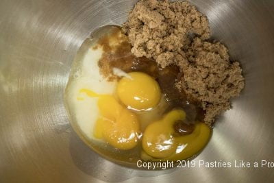 Eggs and sugar in mixing bowl