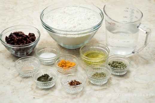 Ingredients for No-Knead Sicilian Olive Bread