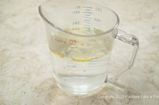 Water and olive oil for No-Knead Sicilian Olive Bread