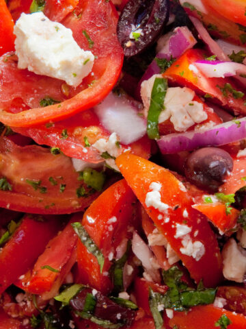 Greek Tomato Salad with tomatoes, feta, basil, red onion, calamata olives