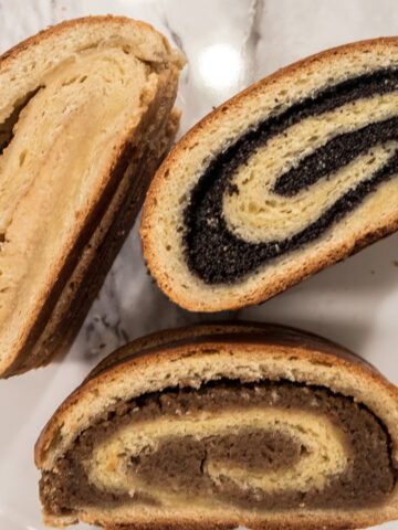 A rich yeast dough is filled three ways one each with almond, poppyseed and walnuts