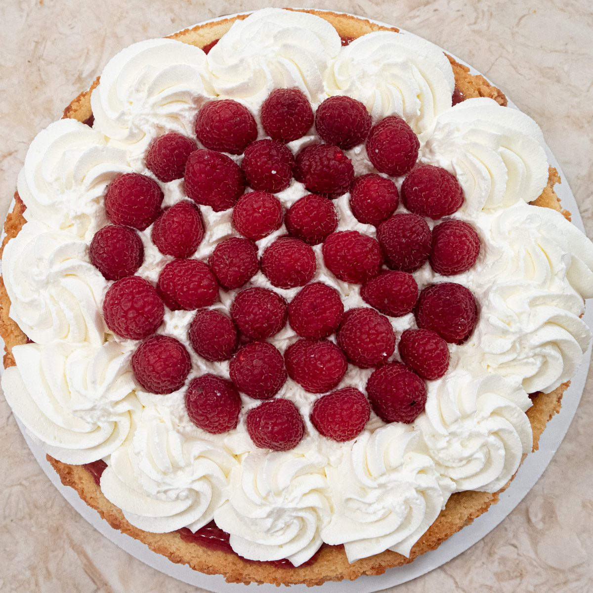 A Quick and Easy Summer Cake shot from the tp with a wreath of whipped cream holding fresh raspberries.