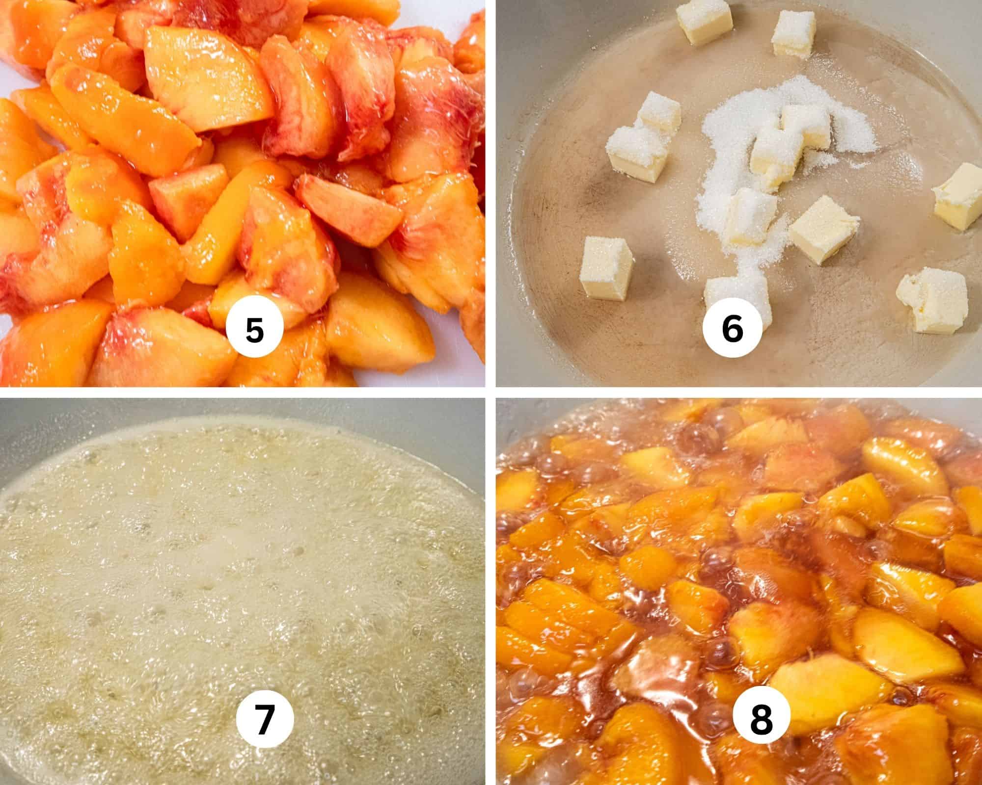 The peach filling is made by cutting up the peeled peaches, bringing the butter and sugar to a hard boil and then cooking the peaches until most of the liquid is gone. 