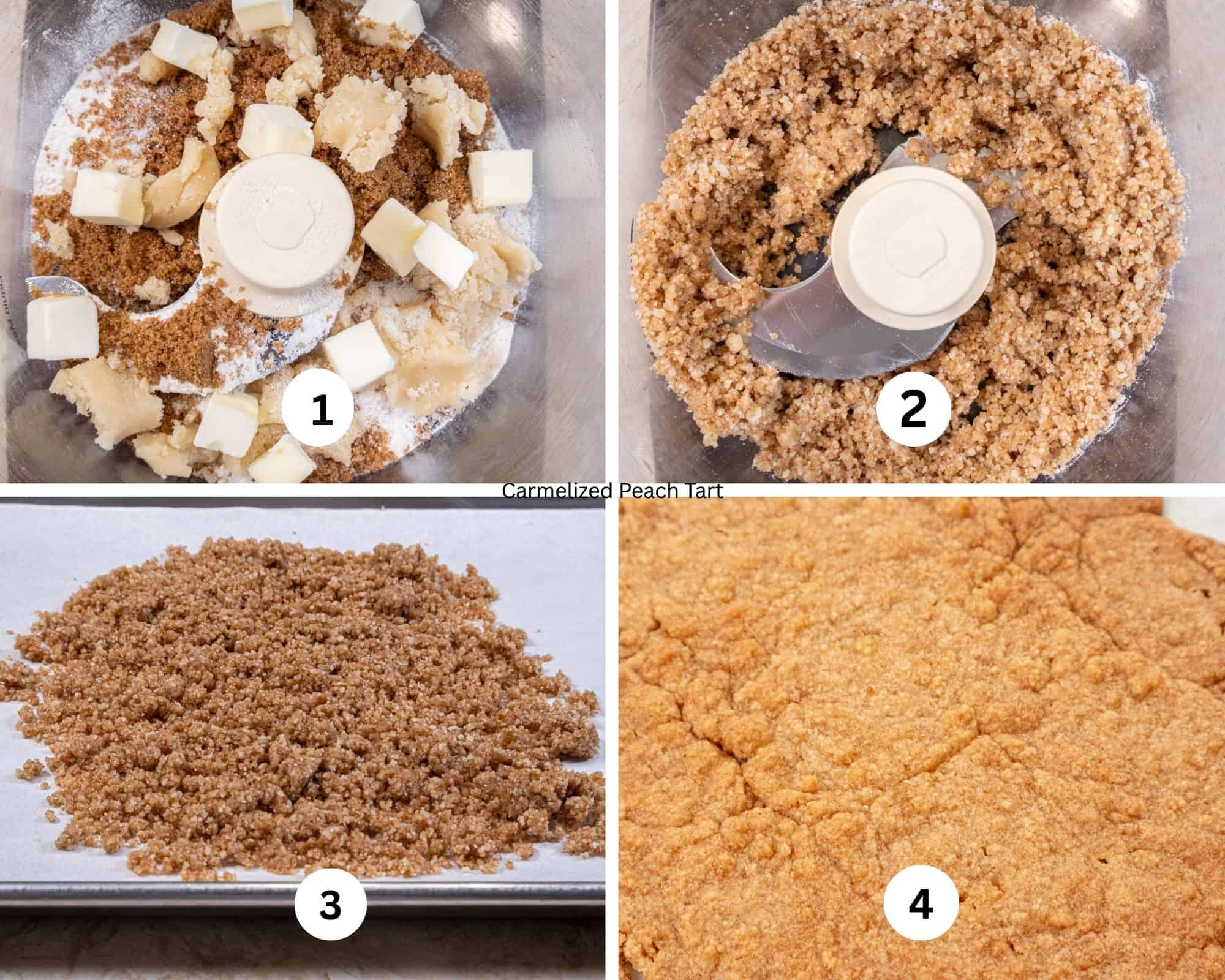This collages shows the brown sugar crumble being made.  The ingredients are in the processor, processed, poured out into a baking sheet and baked. 