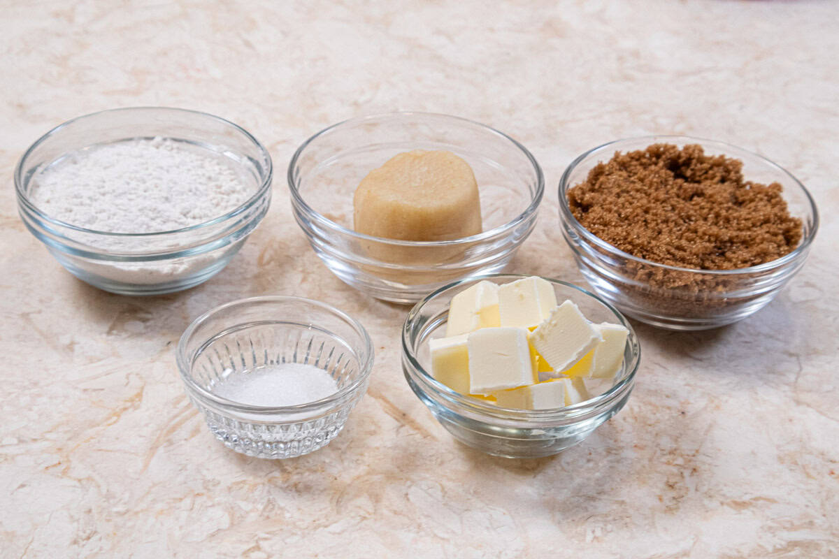 Ingredients for the Brown Sugar Crumble are  flour, brown sugar, salt, unsalted butter and almond paste. 