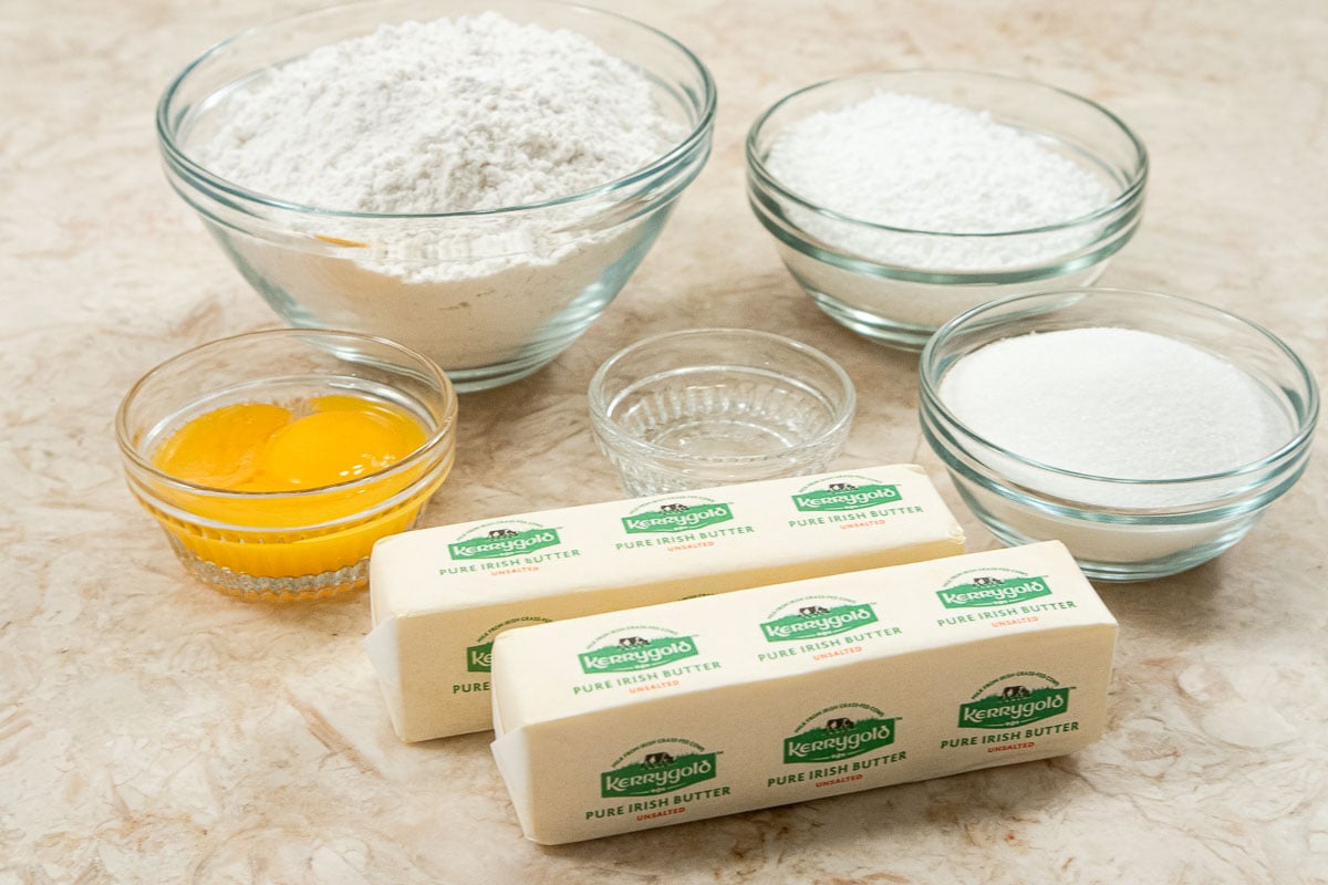 Ingredients for the Spritz Bars include egg yolks, flour, sugar, European butter, almond extract,Swedish pearl sugar.