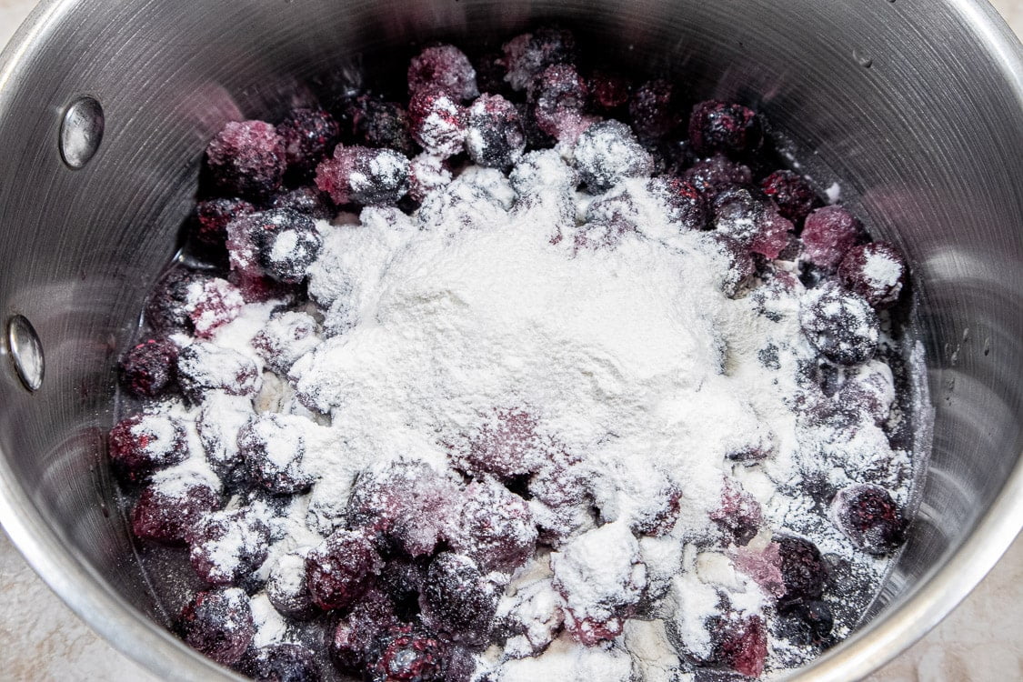 ingredients in pan for the Blueberry Puree