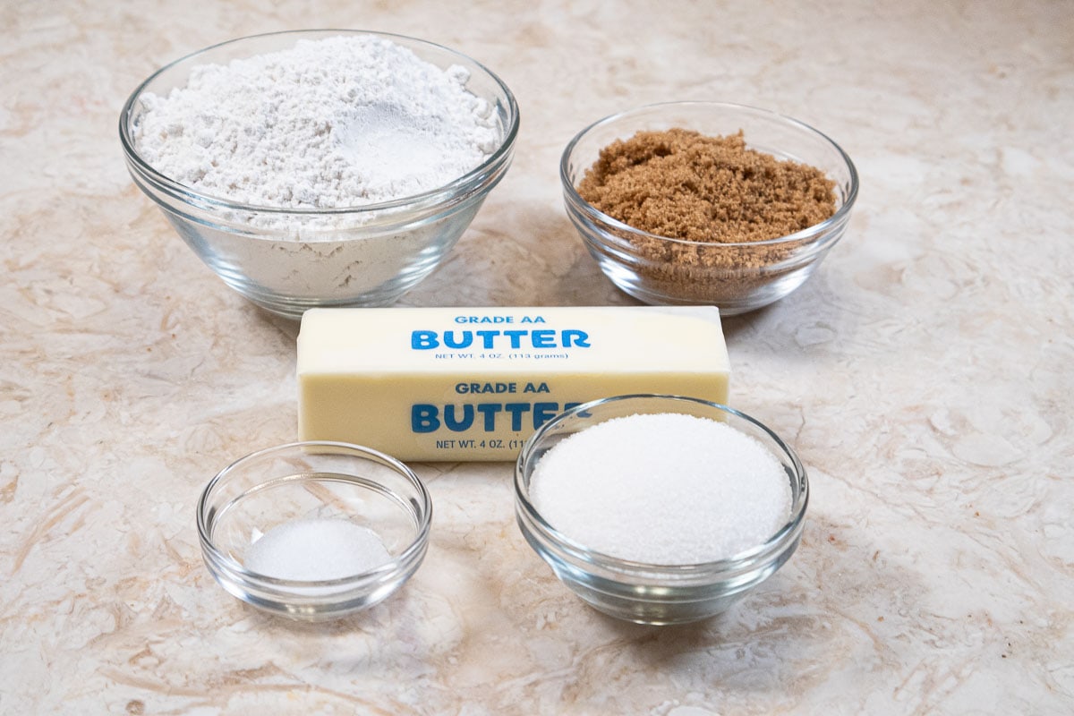 The ingredients for the crumb topping are cake flour, brown sugar, unsalted butter, salt, and granulated sugar.