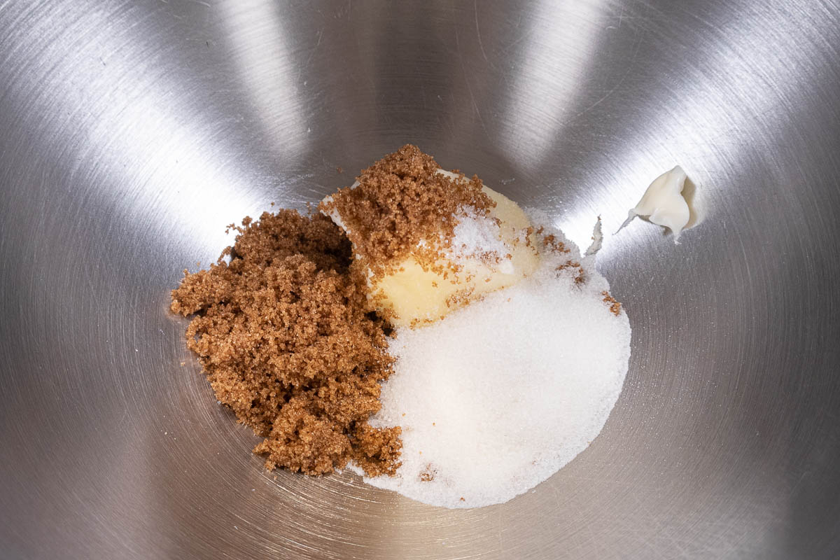 Softened butter,brown and granulated sugars and salt in a mixing bowl.