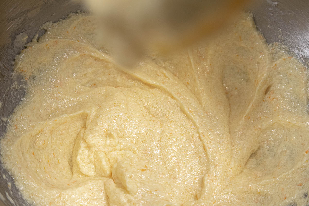 After the eggs are are added, the batter will look curdled.