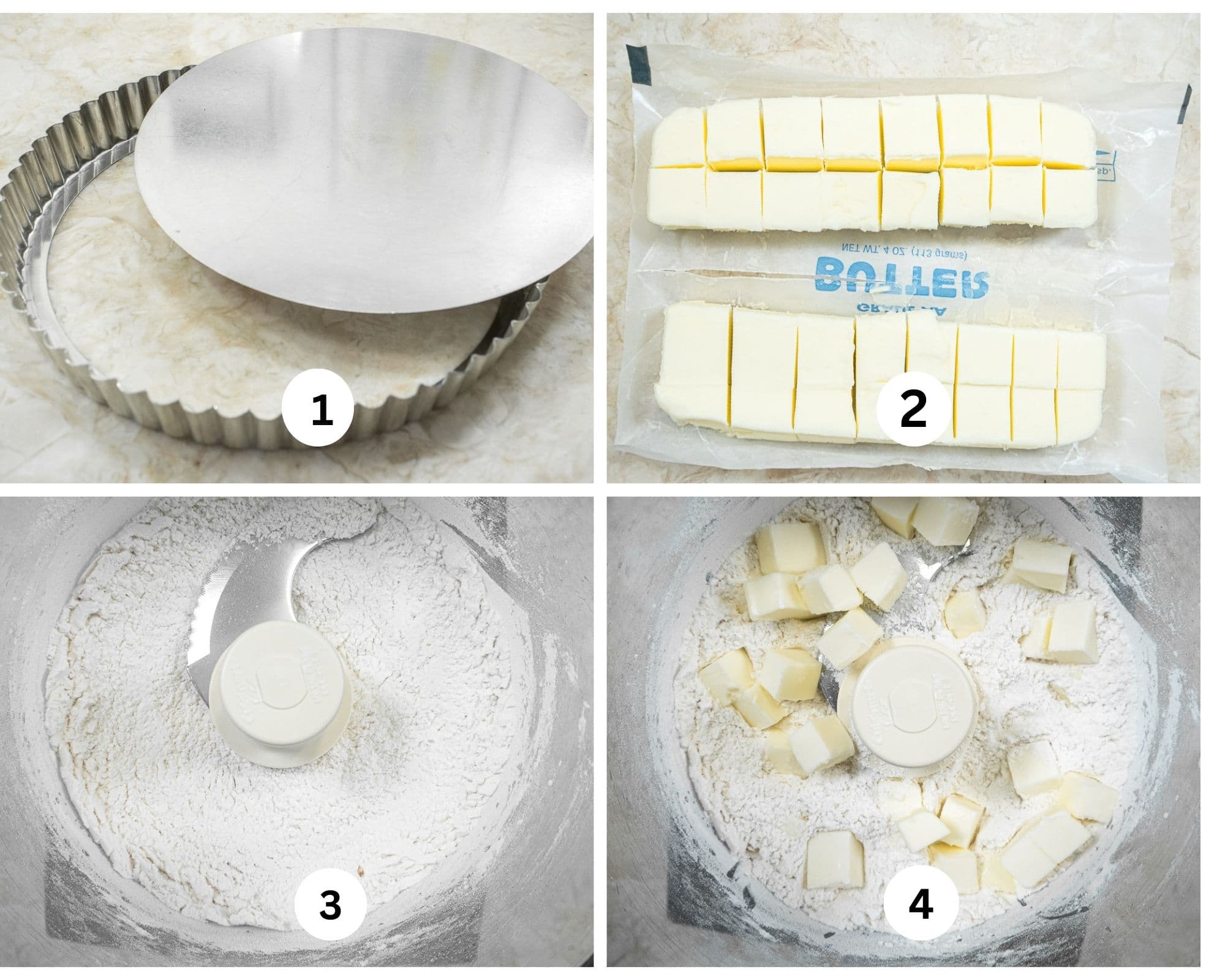 The first collage shows the tart tin with a removable bottom, the ingredients - butter, flour, sugar and egg yolk - the flour in the processor and the butter added.