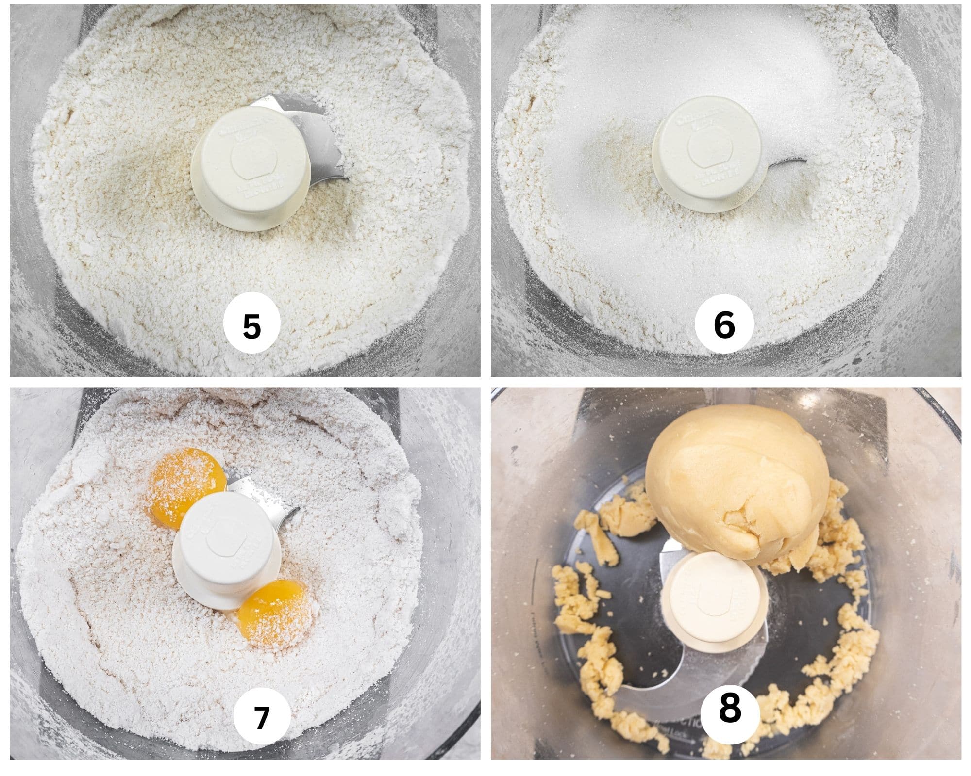 The second collage shows the butter being cut into the flour, the sugar added to the processor followed by the egg yolk and the pastry balling up after processing.