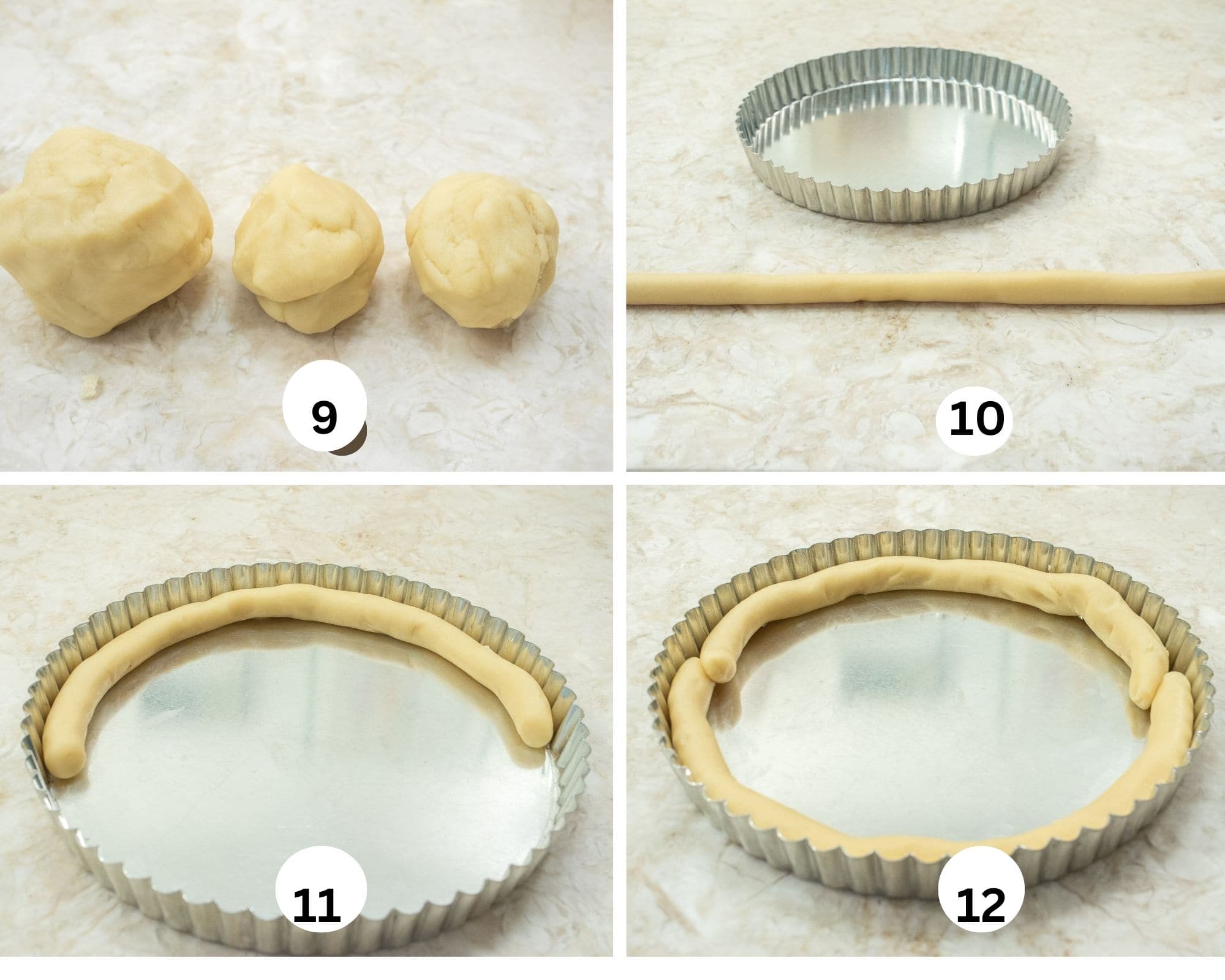 The dough is divided into thirds, a photo with a rope of dough in front of the pan, the rope halfway around the tin and the second rope going around the inside edge.
