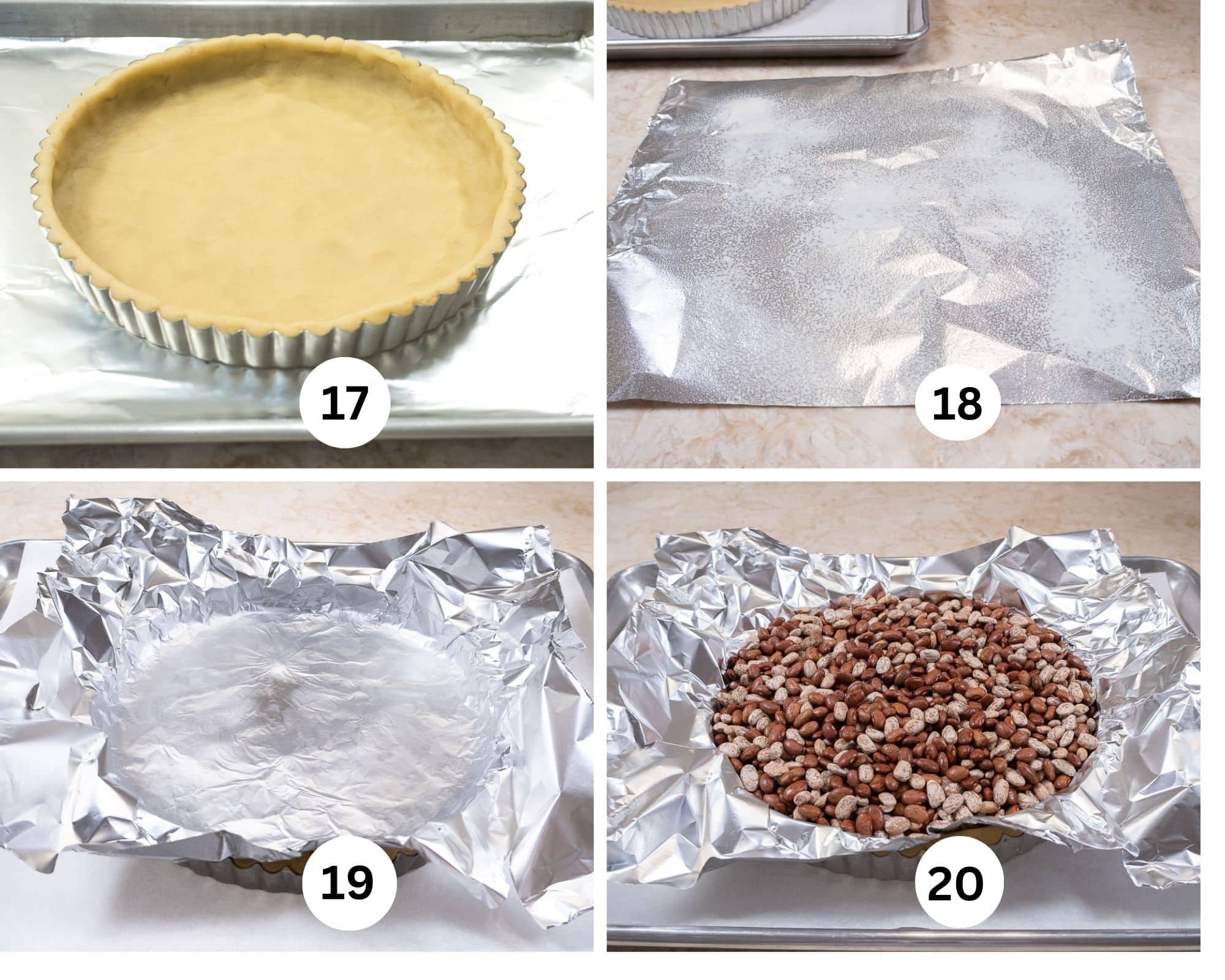 The four photos in th is collage show the finished crust, sprayed foil, foil pressed into the crust, the foil filled with beans.