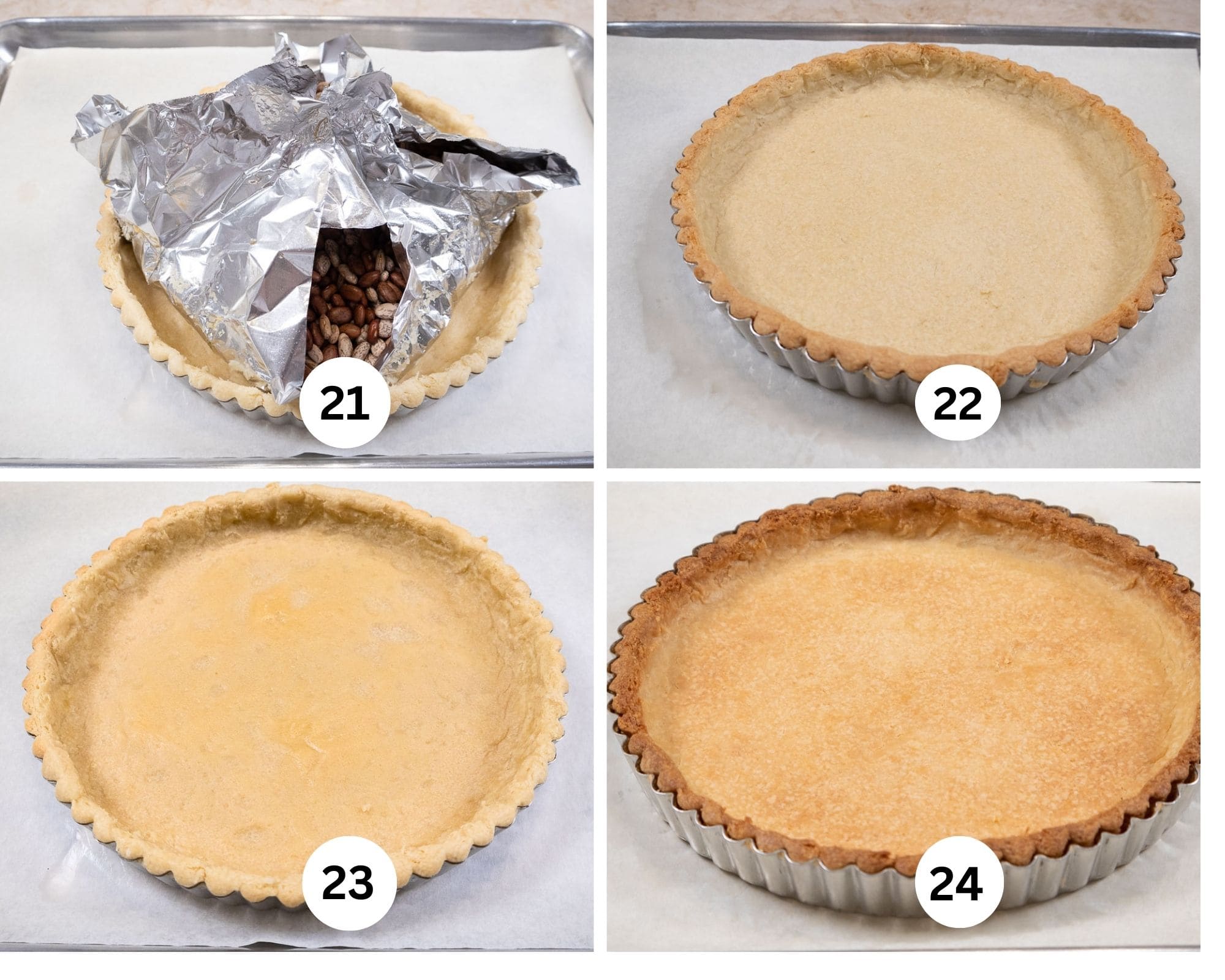 The final collage shows the weights being removed from the pastry, the pastry after the beans are removed, the partially baked shell and the completely baked shell.