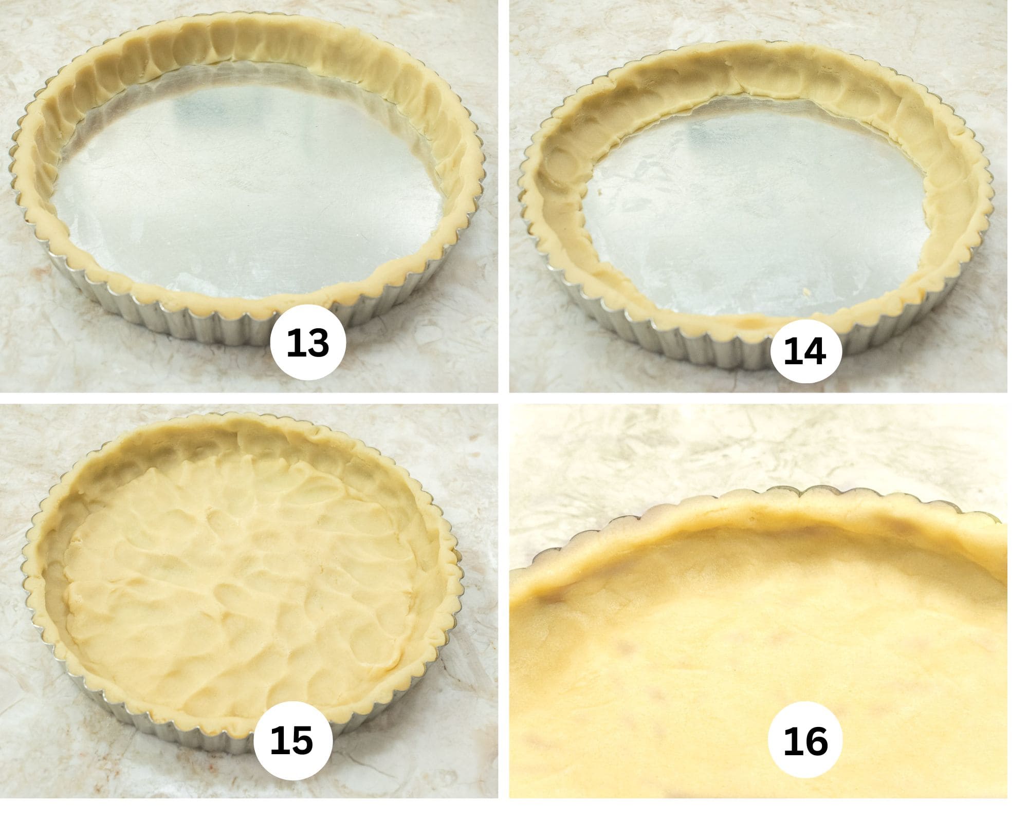 The fourth collage shows the pastry pressed against the edge of the tin, it is moved out towards the center, the bottom is pressed in and the bottom and edge pressed together. 