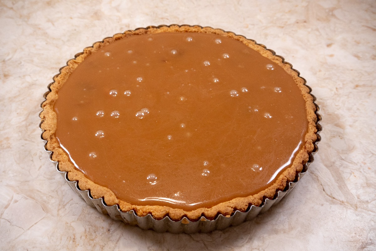 Caramel layer poured on with air bubbles showing