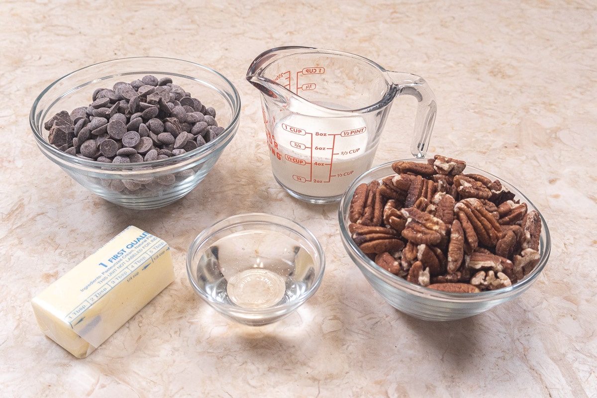 Ingredients for the chocolate ganache for the Chocolate Caramel Pecan Tart