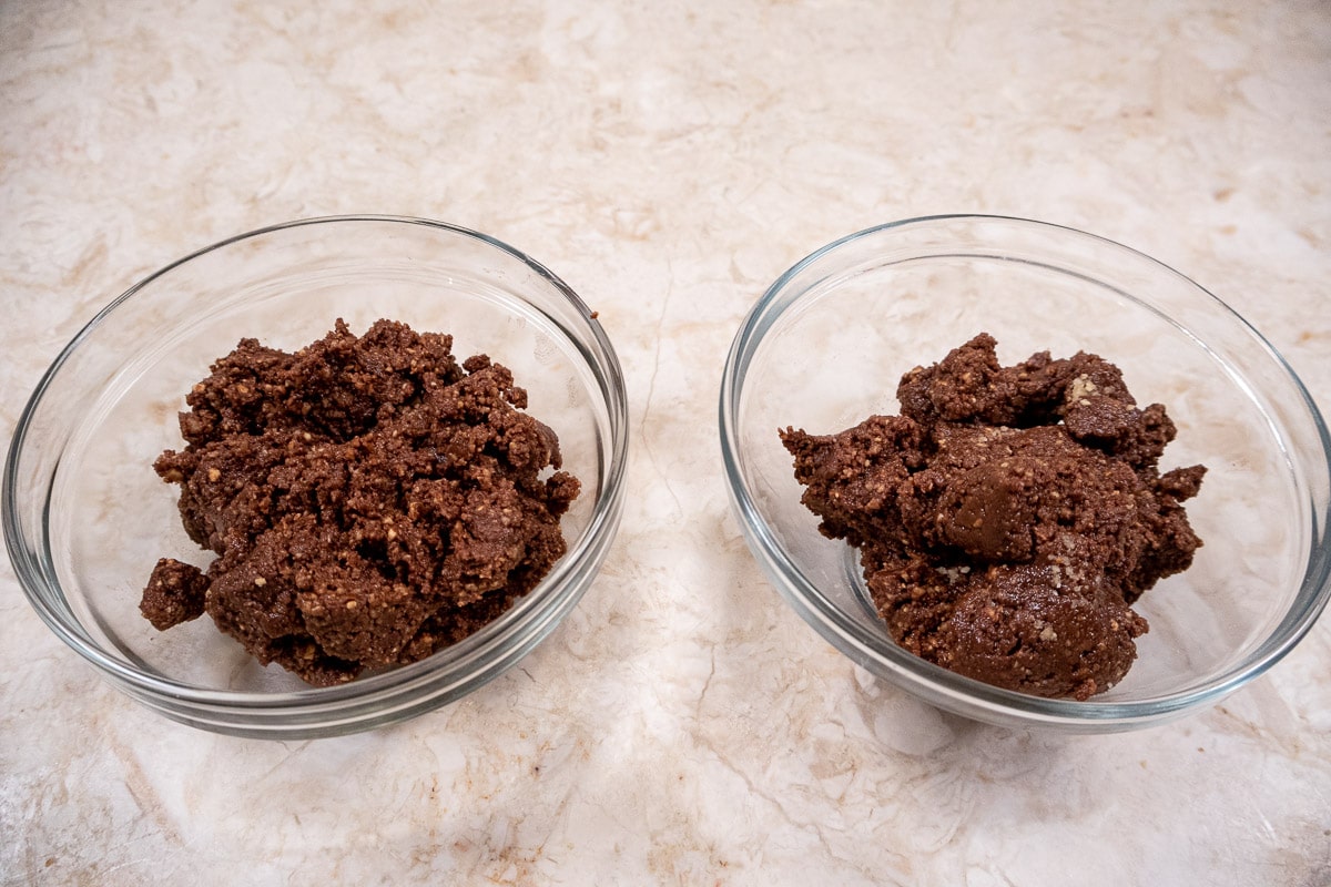The chocolate dough is divided in half for the No Bake Cookie Bars.