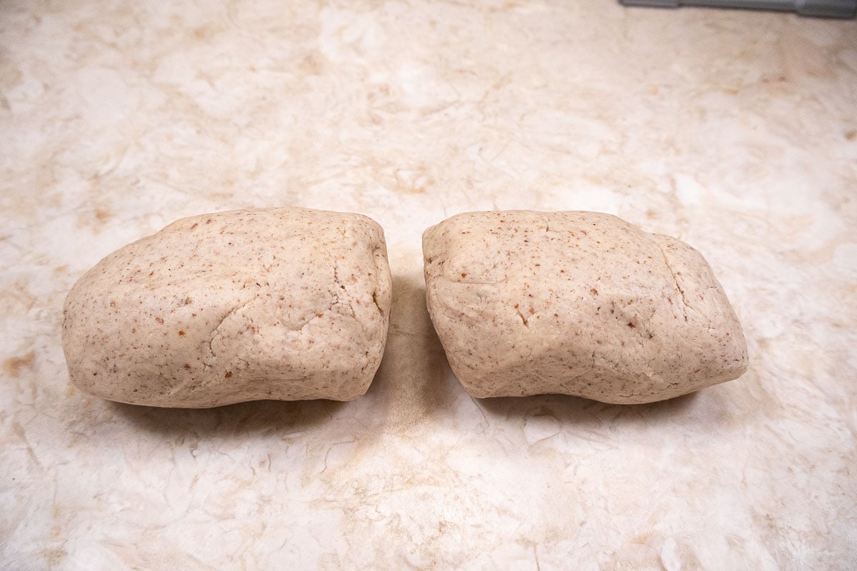The dough is divided in half.