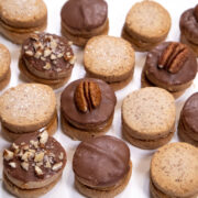 Dulche de leche cookies with the five finishes - pecan, pecan and sugar, plain chocolate, plain cookie, with sanding sugar